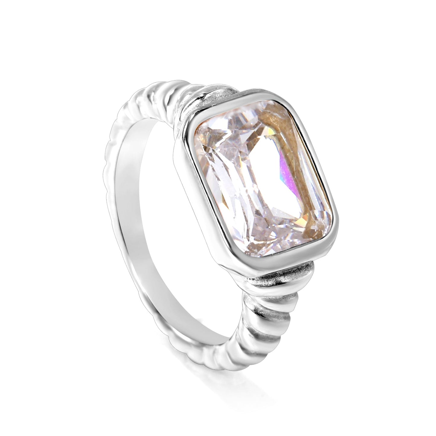 Oversized white diamonds on a threaded band ring.