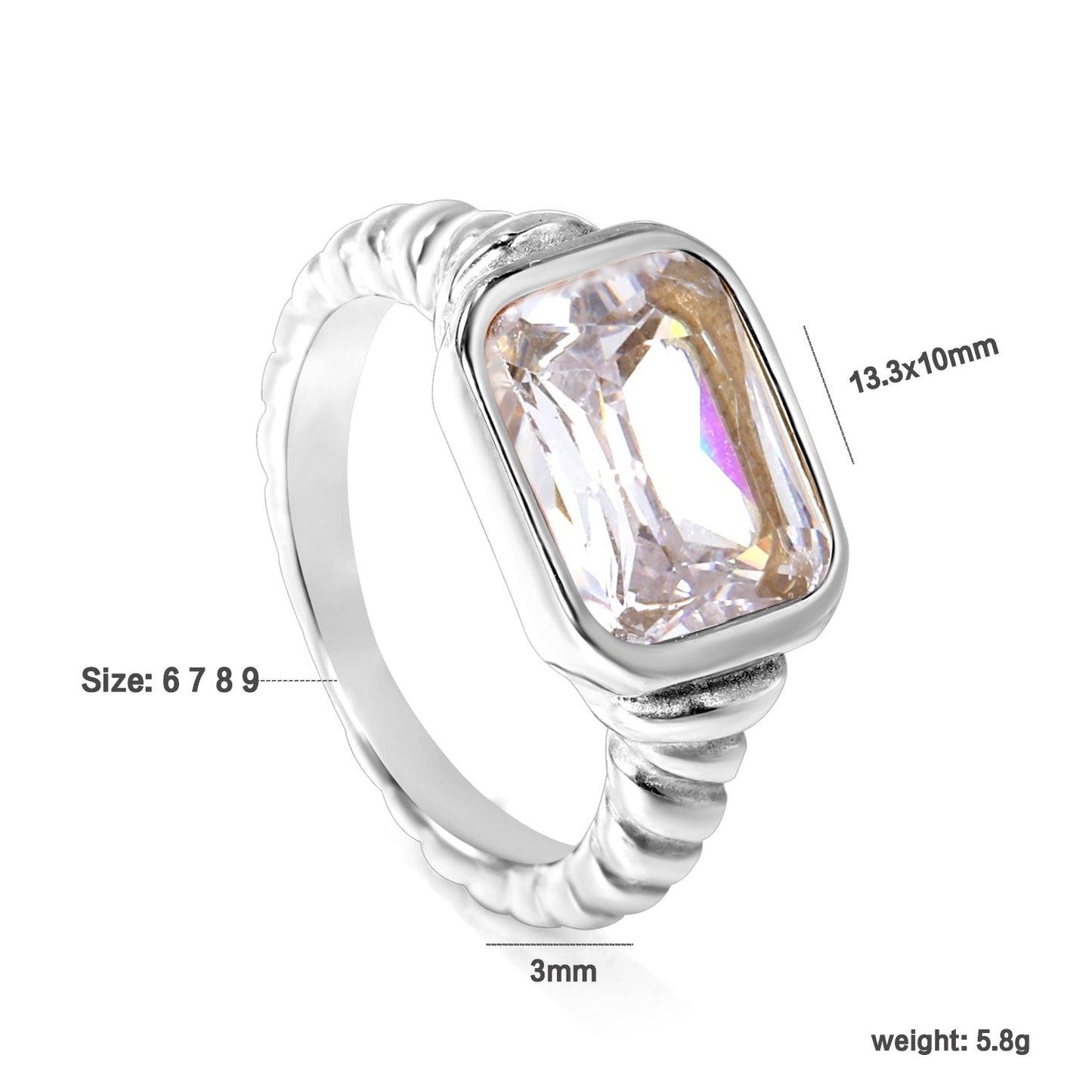 Oversized white diamonds on a threaded band ring.