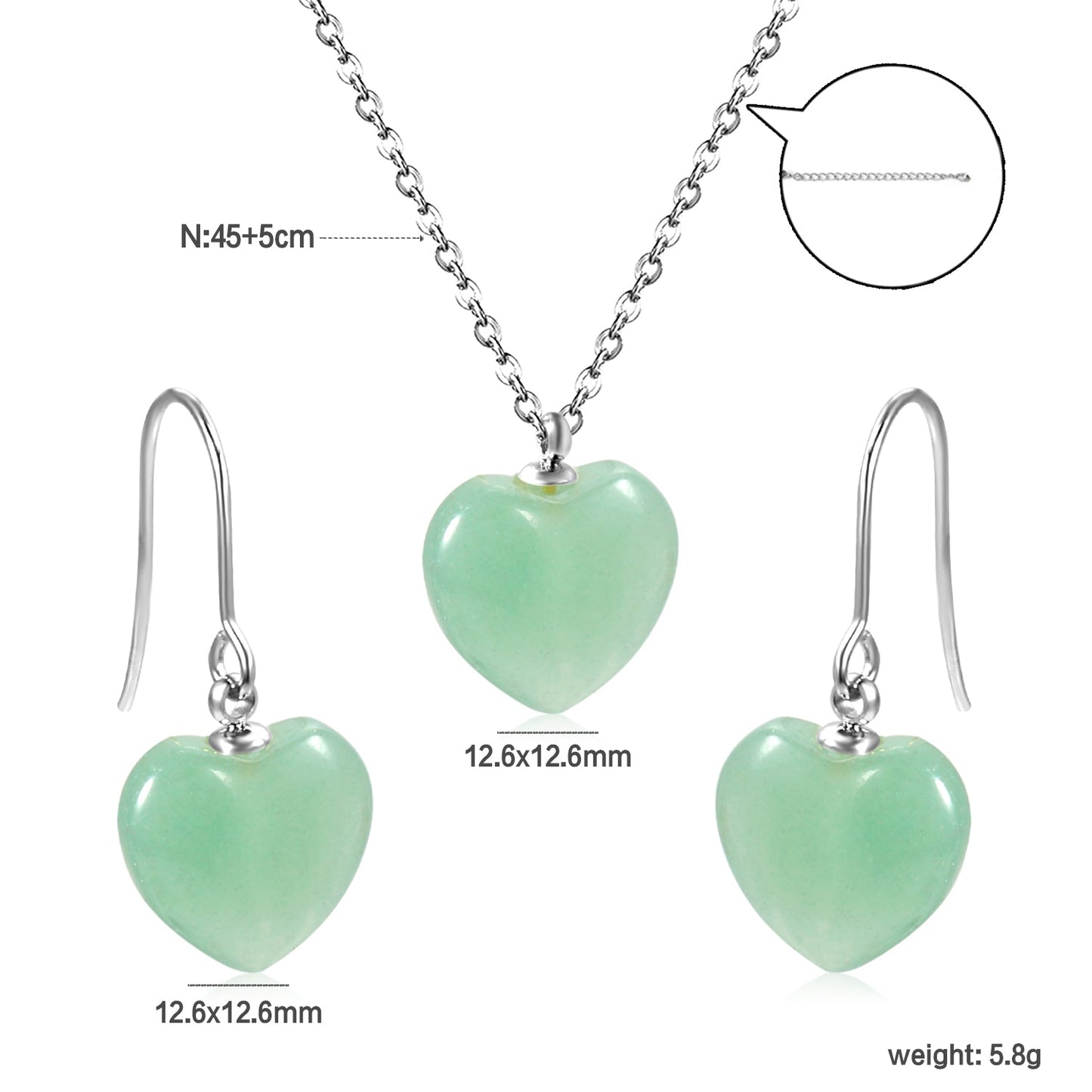 12.6*12.6mm Heart Green Natural Stone Set