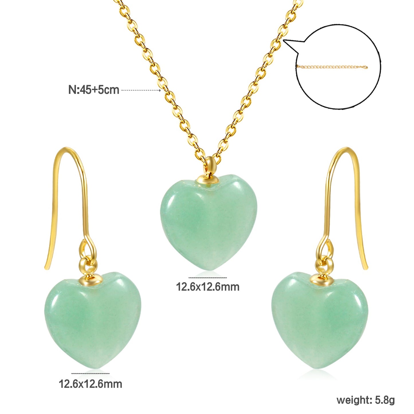 12.6*12.6mm Heart Green Natural Stone Set