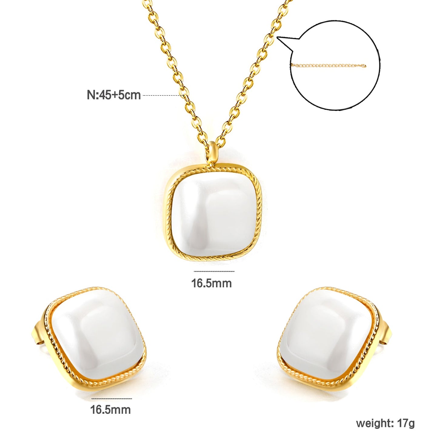 16.5*16.5mm Twisted Edge Square with White Pearl Set