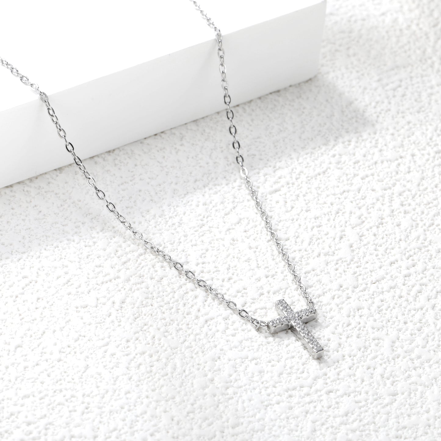 Cross Stainless Steel Pendant Necklace - CNC-Machined Cubic Zirconia on 18K Gold-Plated Stainless Steel