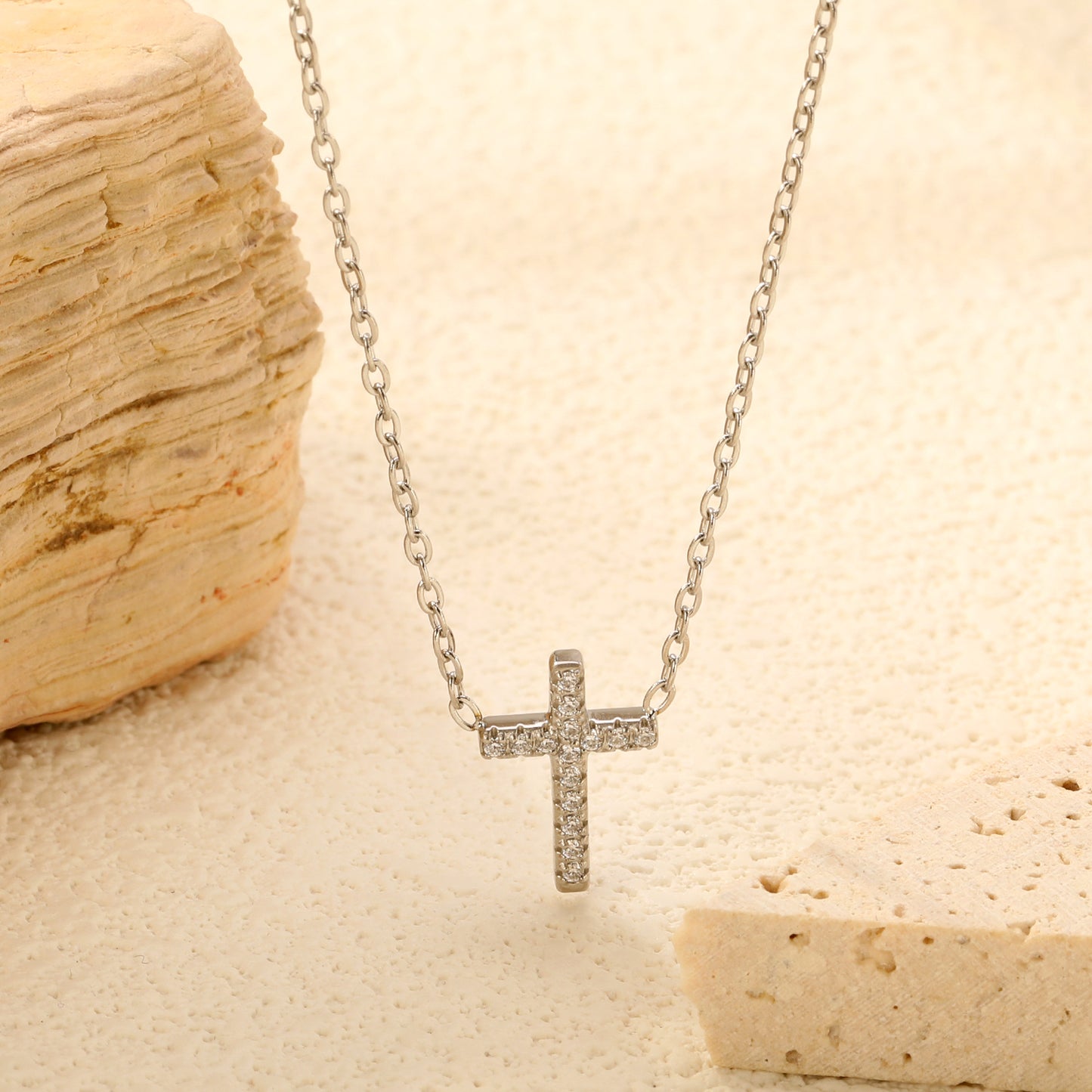 Cross Stainless Steel Pendant Necklace - CNC-Machined Cubic Zirconia on 18K Gold-Plated Stainless Steel