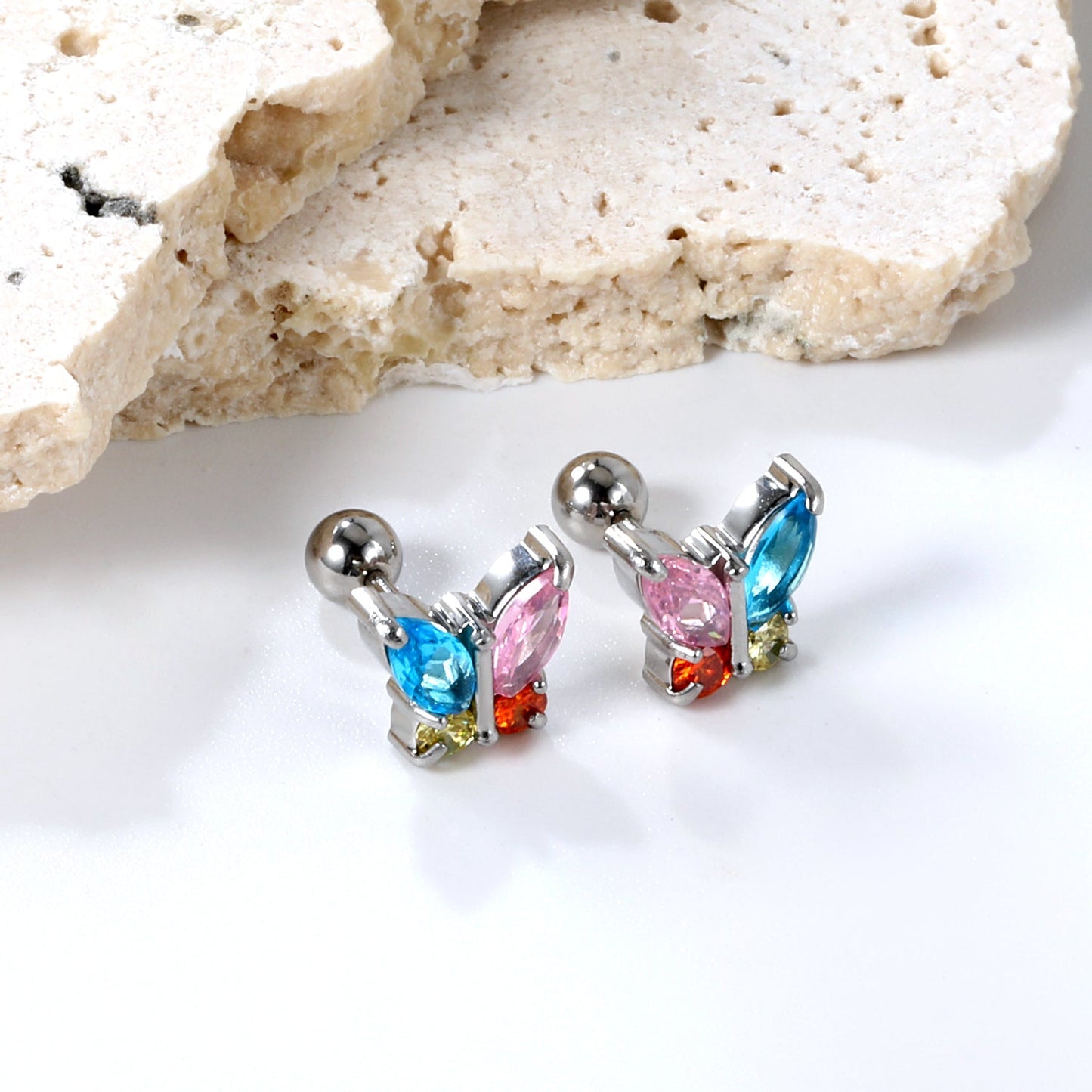 Wholesale Steel Bead Screwback Butterfly with White Diamonds & Mixed Diamonds Earrings 9.2*8.3mm