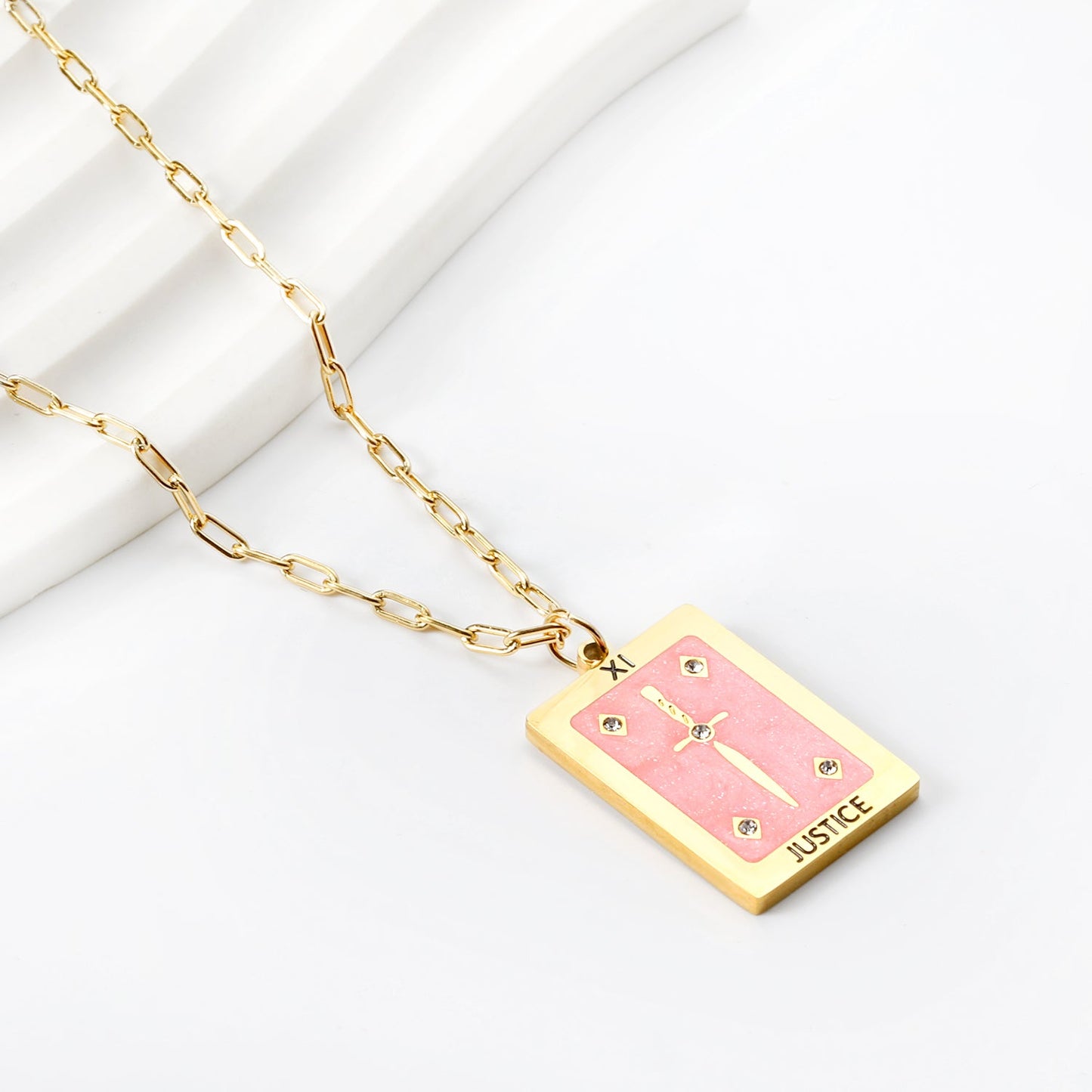 Spring 2024 Rectangle Long Sword Pink Pattern Pendant 16*22mm Necklace 45+5cm