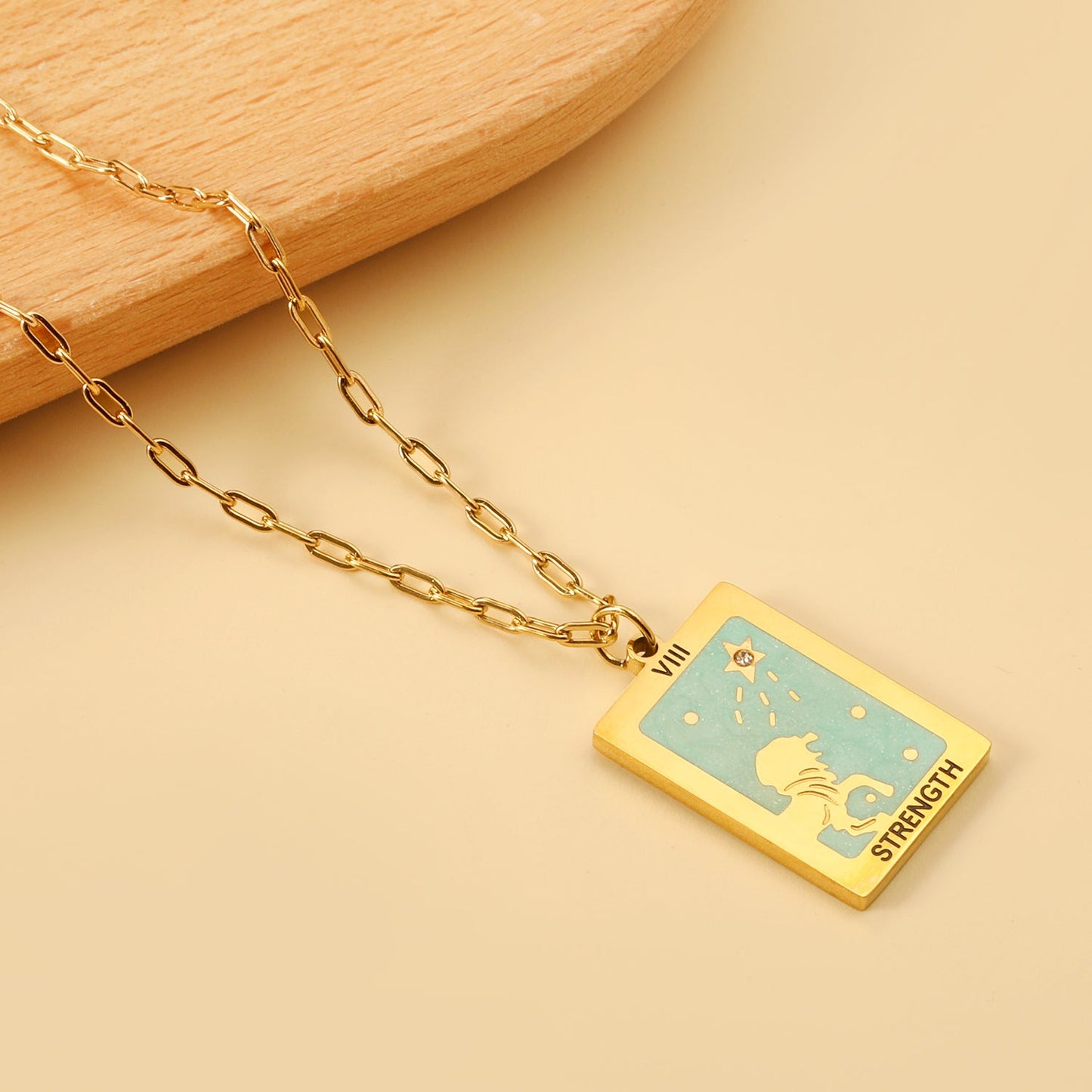 Spring 2024 Rectangle Lion Lake Blue Pattern Pendant 16*22mm Necklace 45+5cm