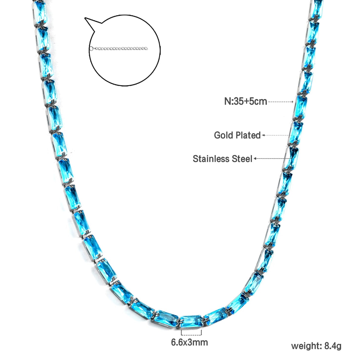 Rectangle White & Purple & Aquamarine & Mixed Color Diamond Clasp Necklace 35+5cm Steel Color