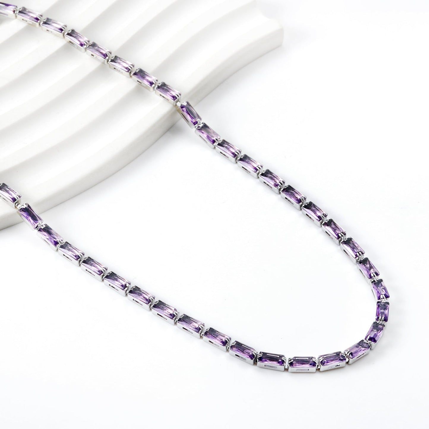 Rectangle White & Purple & Aquamarine & Mixed Color Diamond Clasp Necklace 35+5cm Steel Color