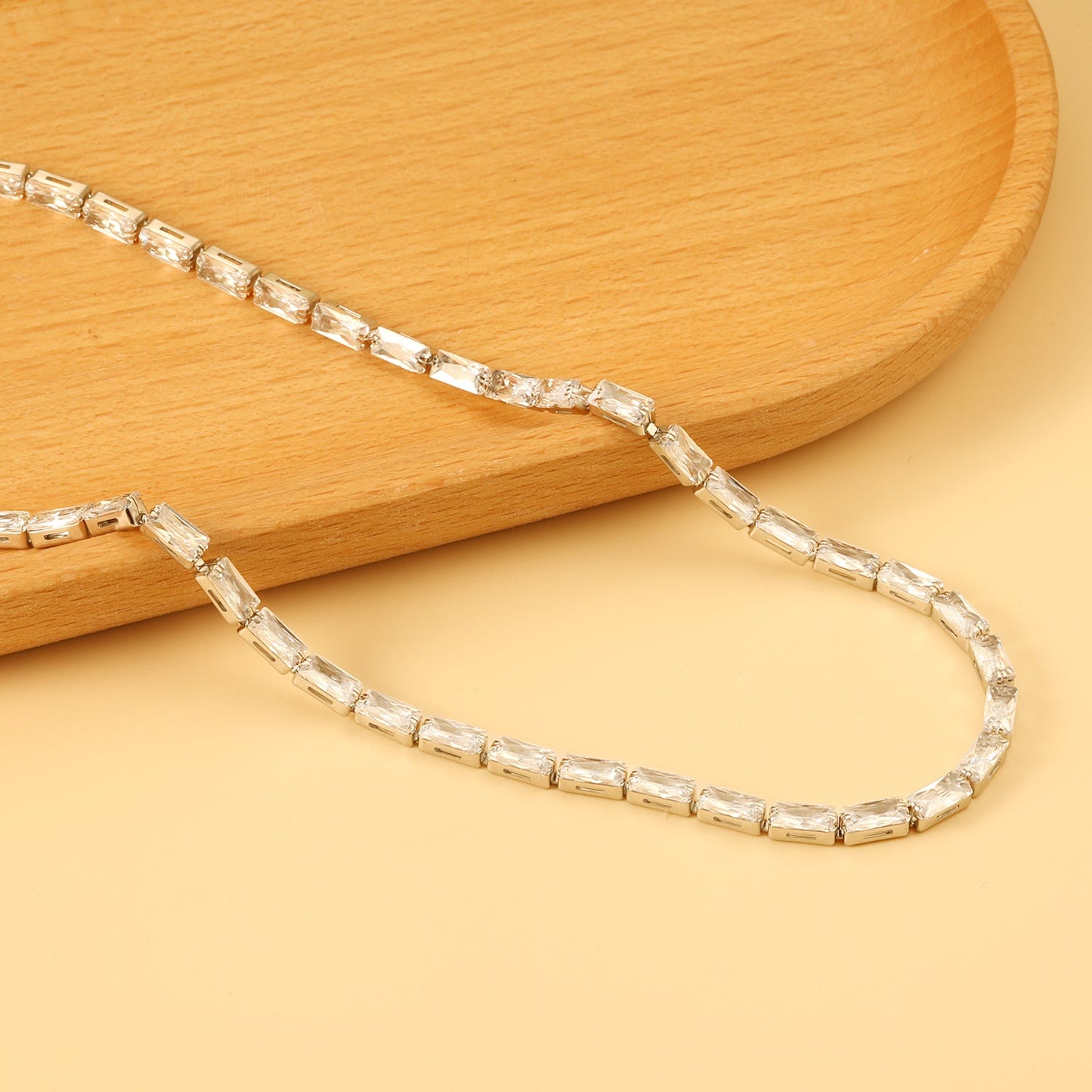 Rectangle White & Purple & Aquamarine & Mixed Color Diamond Clasp Necklace 35+5cm Steel Color