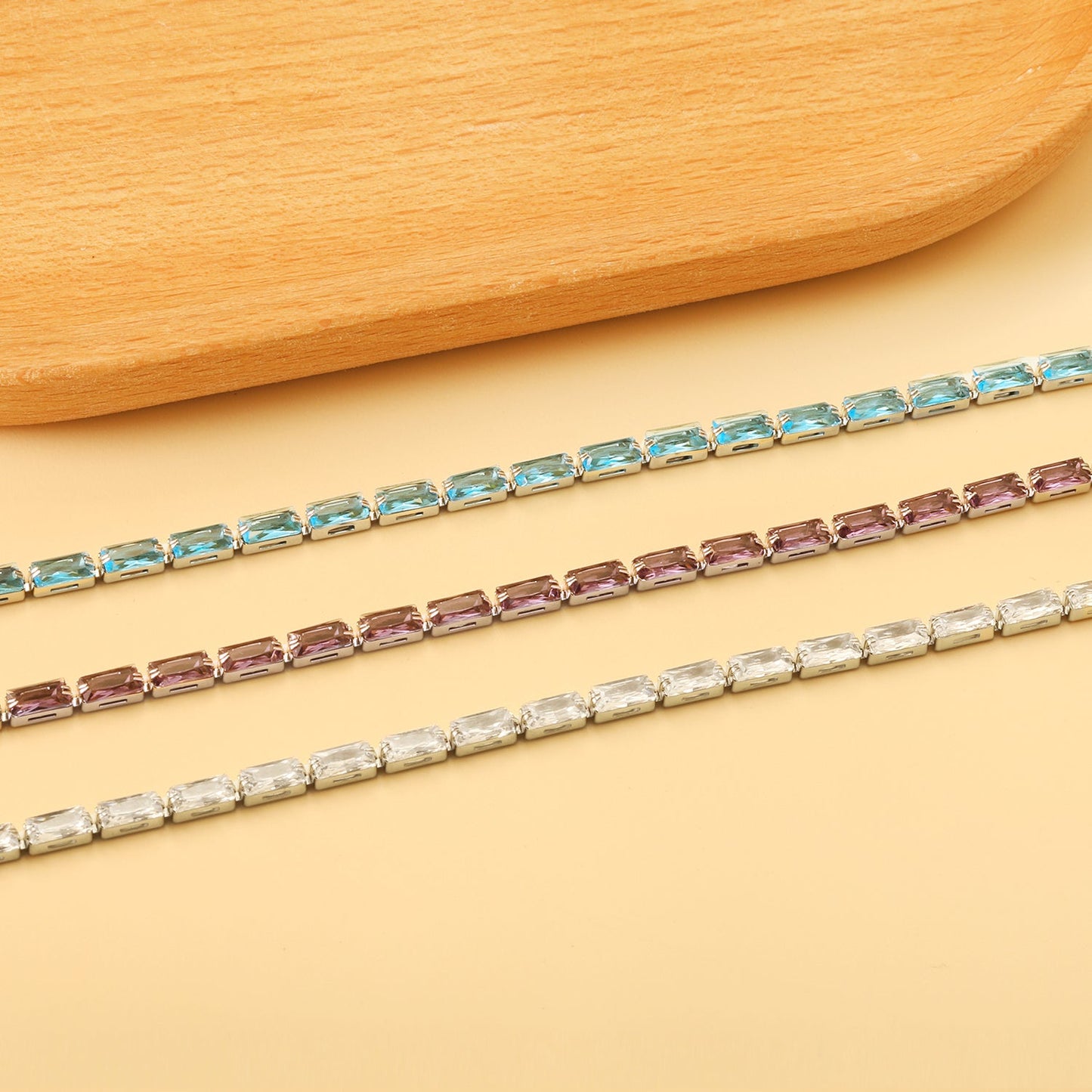 Rectangle White & Purple & Aquamarine & Mixed Color Diamond Clasp Necklace 35+5cm Steel Color