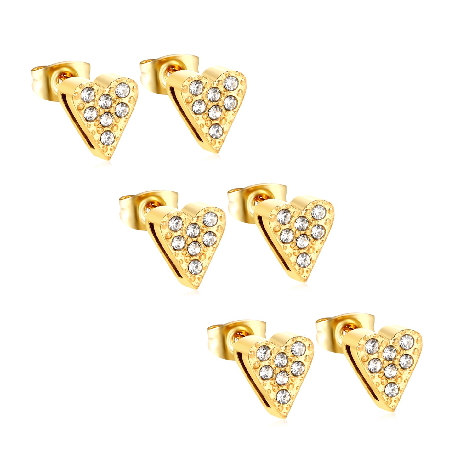 ✨ 3-Pair Heart Stud Earrings Wholesale 8x9mm Gold & White CZ | 2.2g Lightweight | Nickel-Free Bulk Earrings
