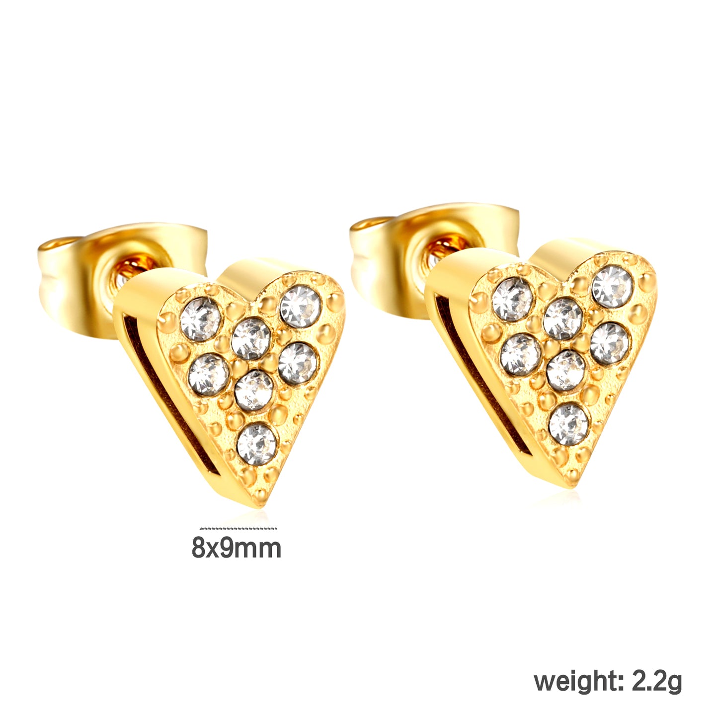 ✨ 3-Pair Heart Stud Earrings Wholesale 8x9mm Gold & White CZ | 2.2g Lightweight | Nickel-Free Bulk Earrings