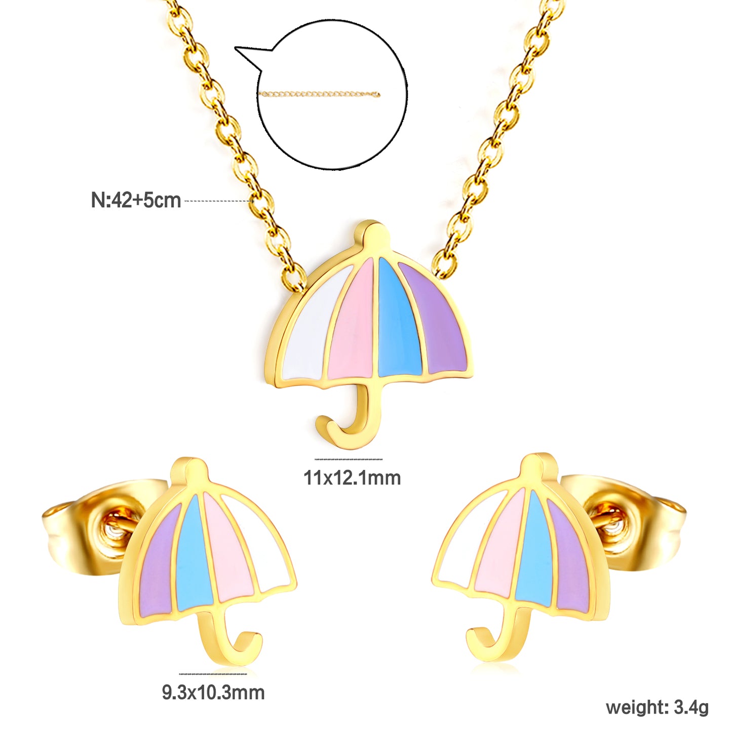 Bulk Rainy Day Charm Set Gold-Tone Stainless Earrings & Necklace (3.4g) | Wholesale Weather-Themed Jewelry