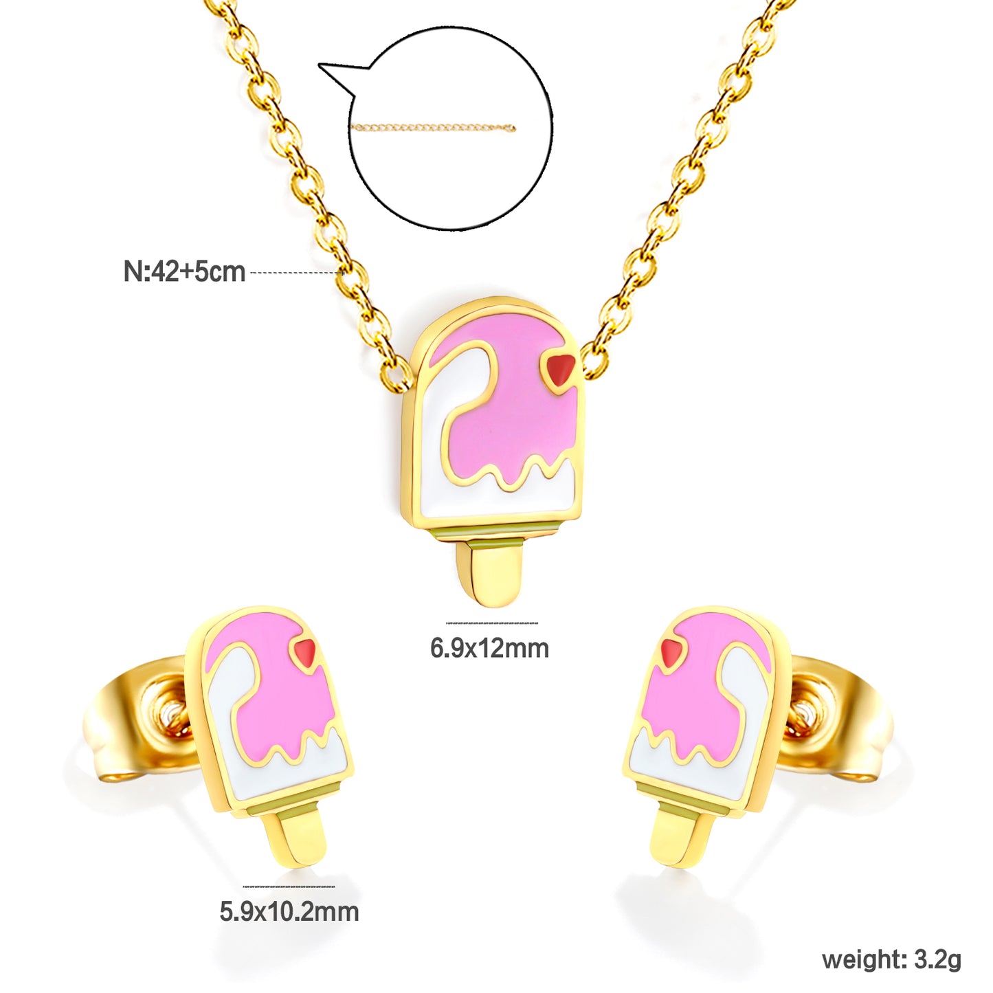 Bulk Summer Ice Cream Set Gold-Tone Stainless Earrings & Pendant (3.2g) | Wholesale Fun Fashion Jewelry