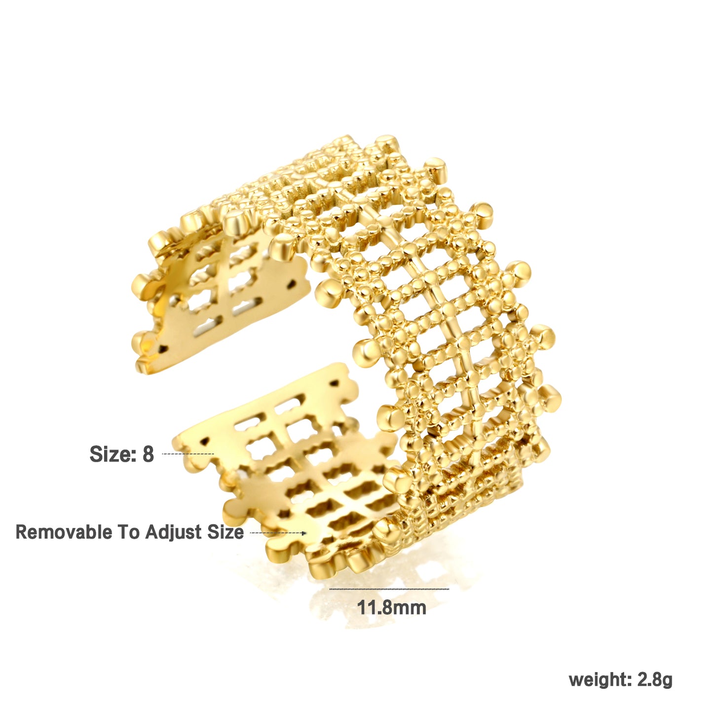11.8mm Gold Stainless Steel Open Ring - Adjustable (2.8g) - Bulk Wholesale Jewelry (10/50/100pcs) - Hypoallergenic Statement Ring