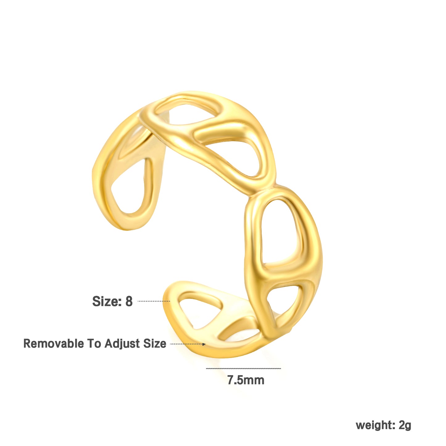 7.5mm Gold Stainless Steel Open Ring – Size 8 Adjustable (2g) – Bulk Wholesale Jewelry (10/50/100pcs) – Hypoallergenic Stackable Ring