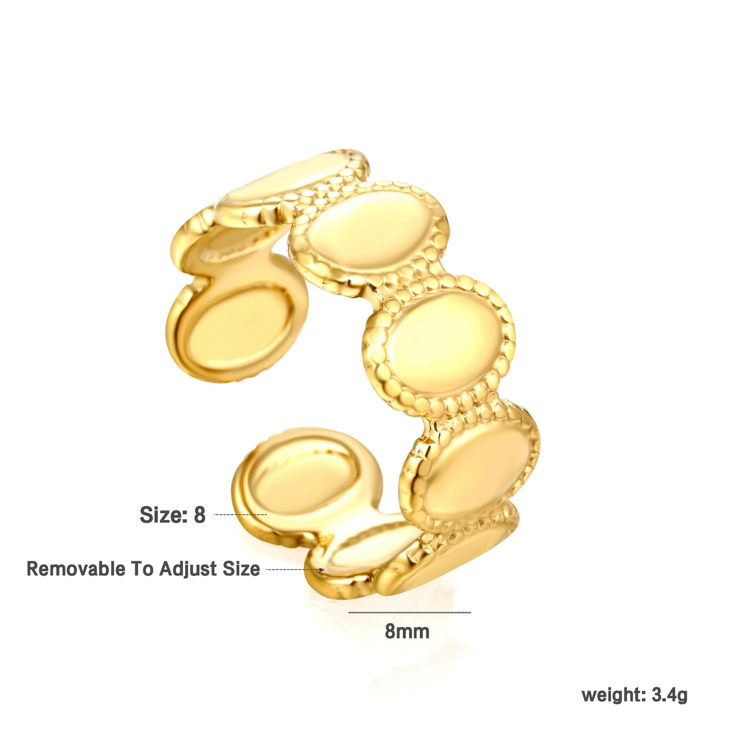 ✨ Wholesale 8mm Gold Stainless Steel Open Ring – Adjustable & Lightweight (3.4g)
