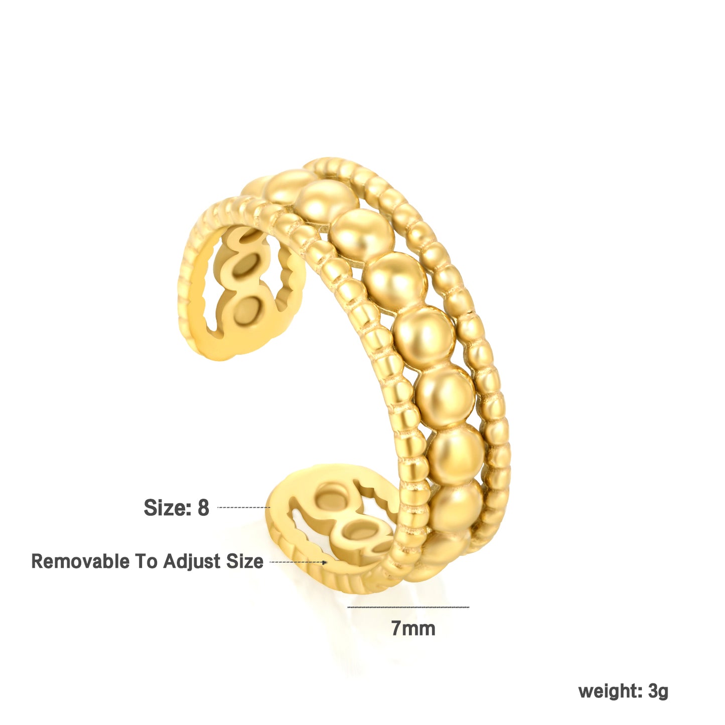 ✨ Premium Gold Open Band Wholesale 7mm Statement Ring | Removable Sizing | 3g Stainless Steel Jewelry Bulk