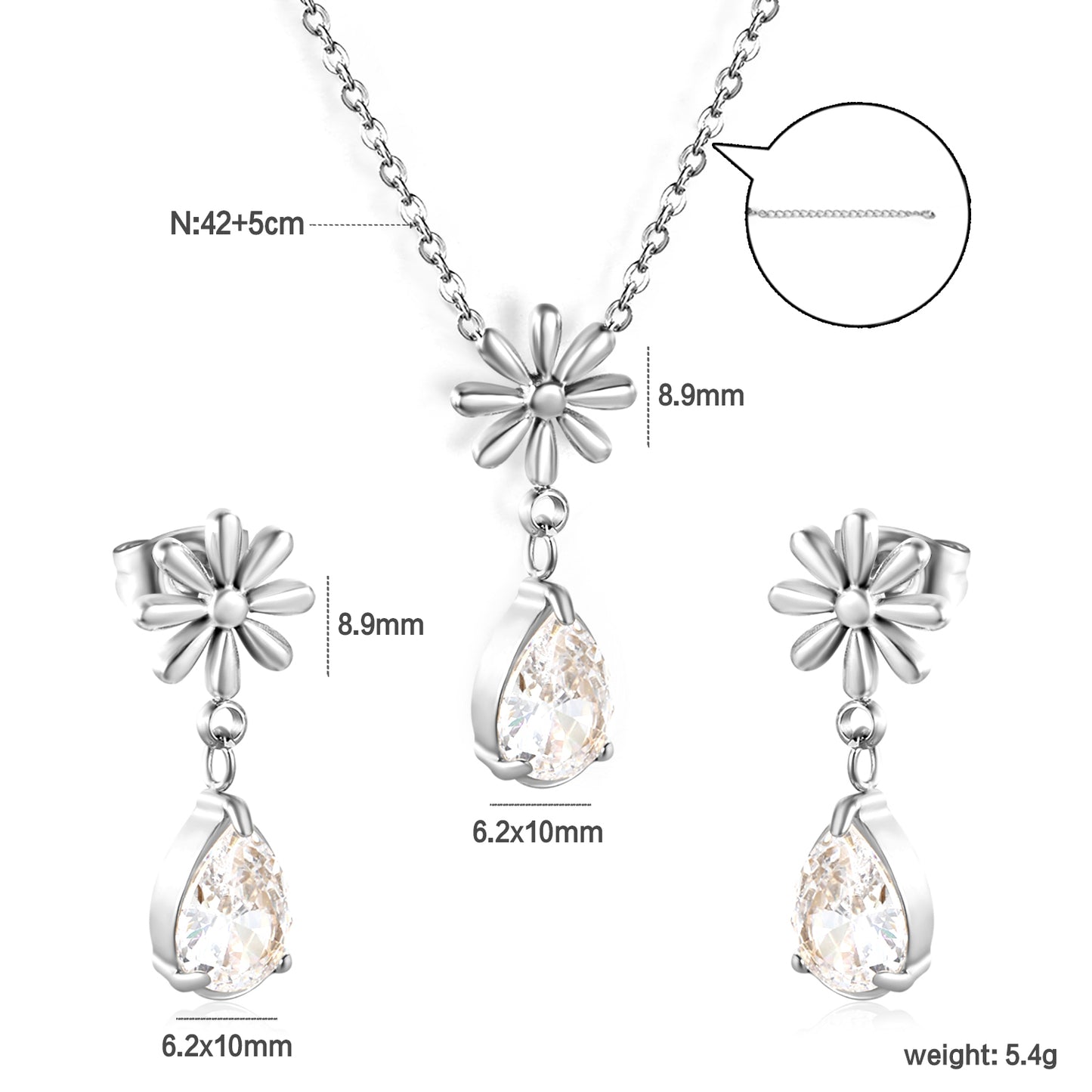 Wholesale Flower & Teardrop Zircon Jewelry Set – Hypoallergenic Stainless Steel Earrings + Pendant (Silver/Gold)