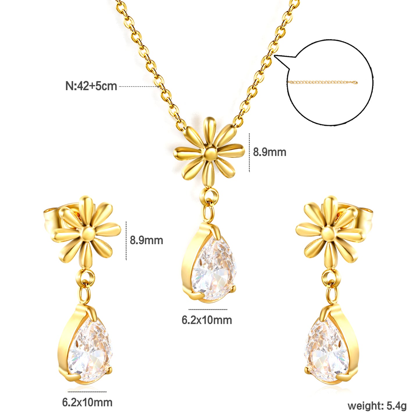 Wholesale Flower & Teardrop Zircon Jewelry Set – Hypoallergenic Stainless Steel Earrings + Pendant (Silver/Gold)