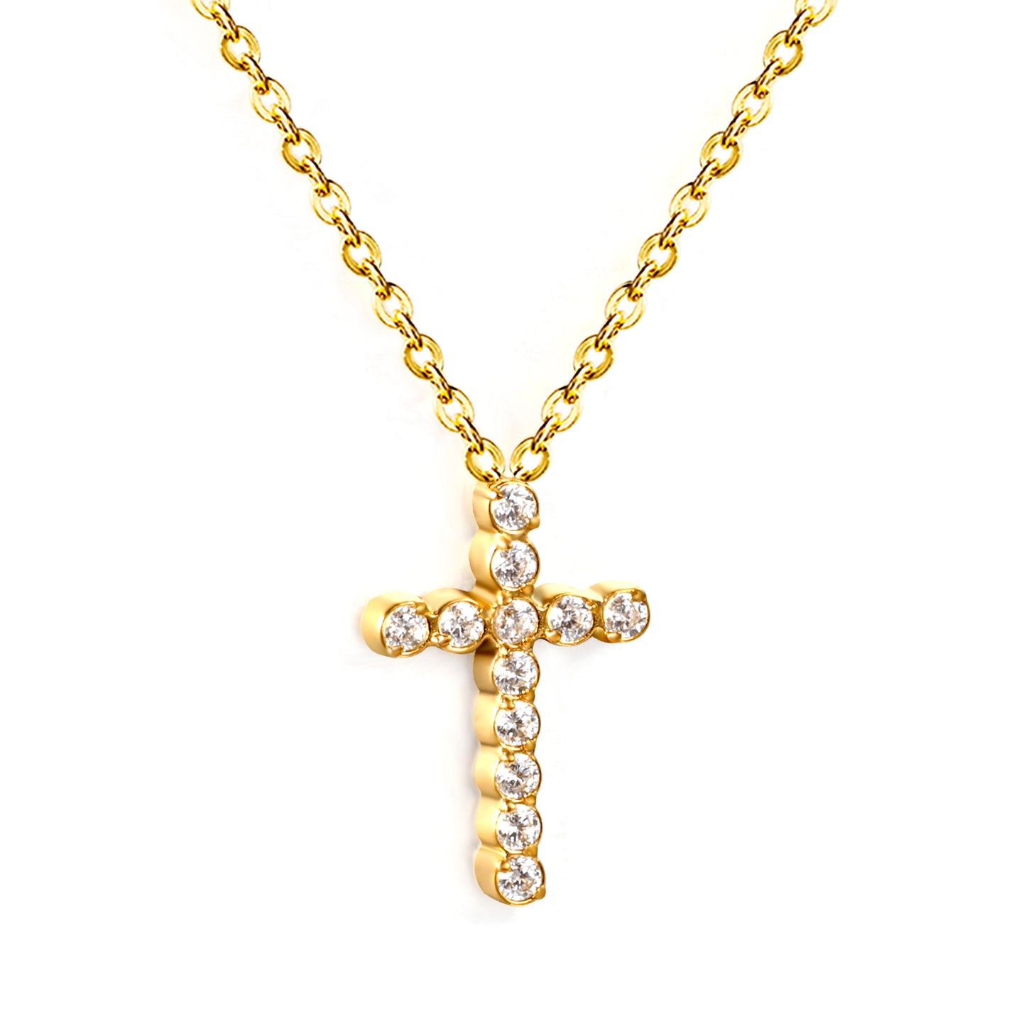 Stainless Steel Gold Cross Pendant Necklaces - 10*16.8mm CNC White Zircon, 0.3mm Chain, 40+5cm with 6mm Disk
