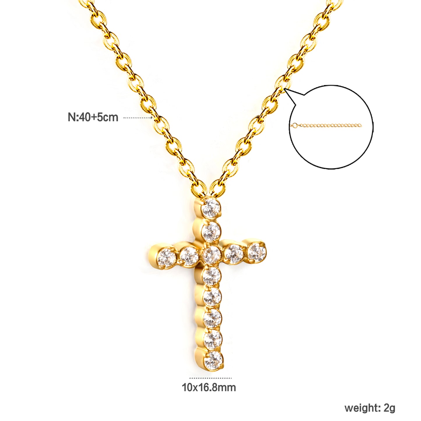 Stainless Steel Gold Cross Pendant Necklaces - 10*16.8mm CNC White Zircon, 0.3mm Chain, 40+5cm with 6mm Disk