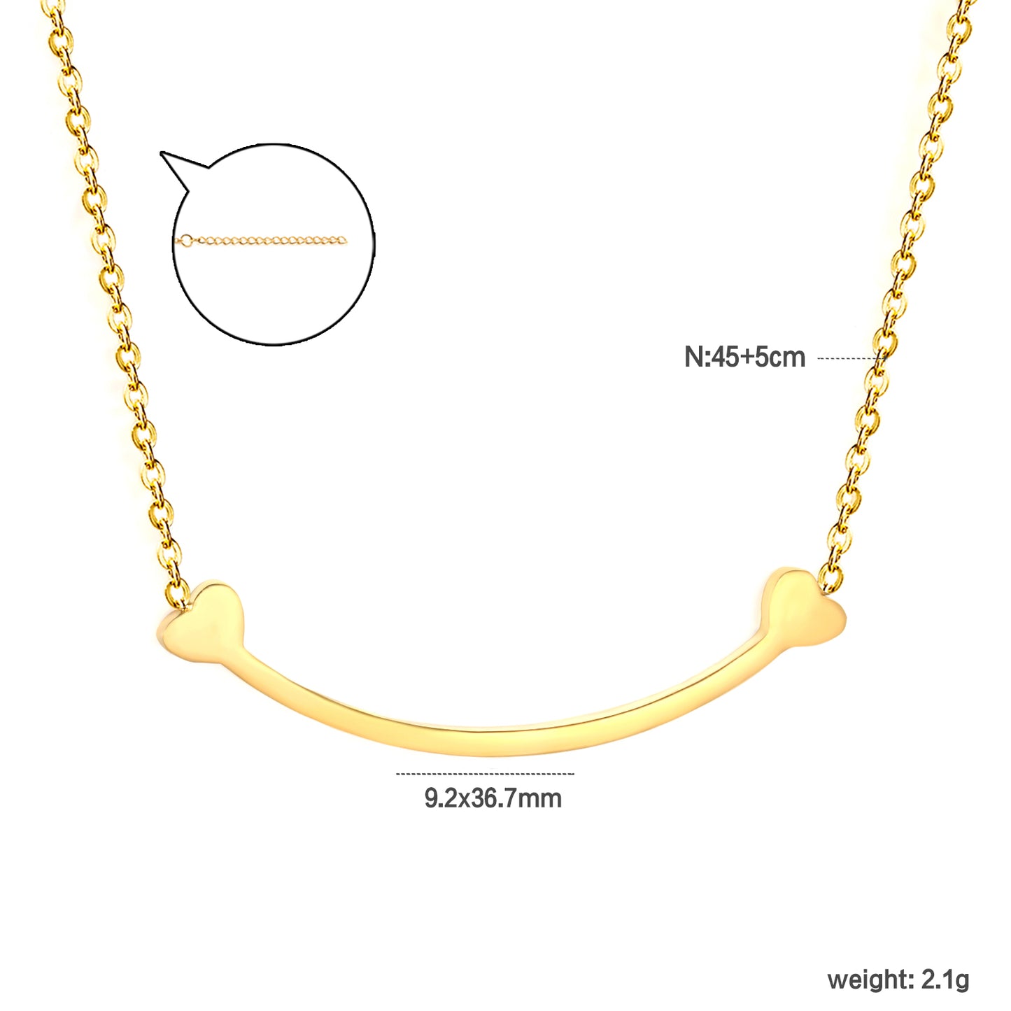 Stainless Steel Gold Arc Bone Jewelry - 9.2*36.7mm Pendant, 0.3mm Cross Link Chain, 45+5cm Necklace with 6mm Disk