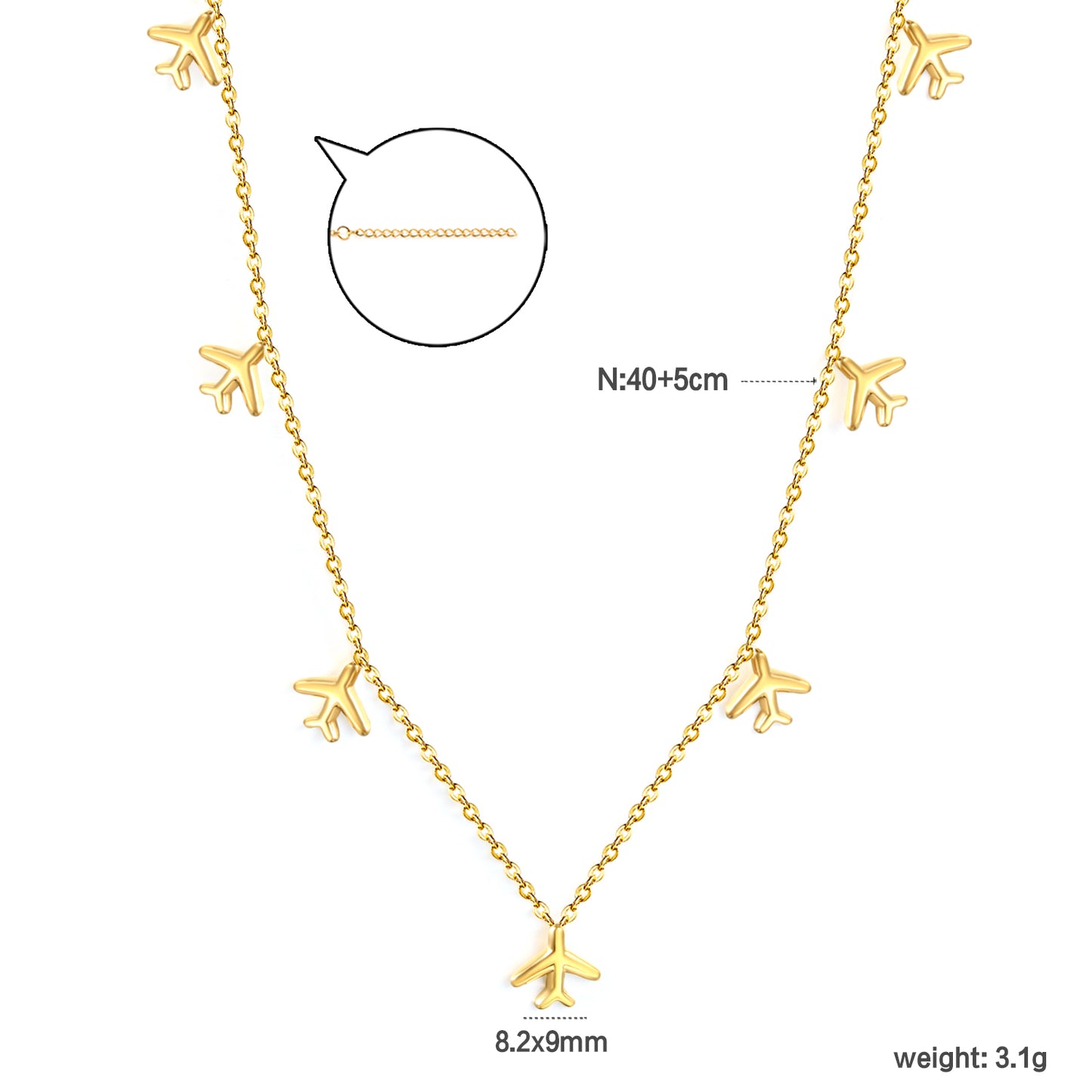 Stainless Steel Gold Airplane Pendant Necklaces - 8.2*9mm Accessory, 0.3mm Chain, 40+5cm with 6mm Disk