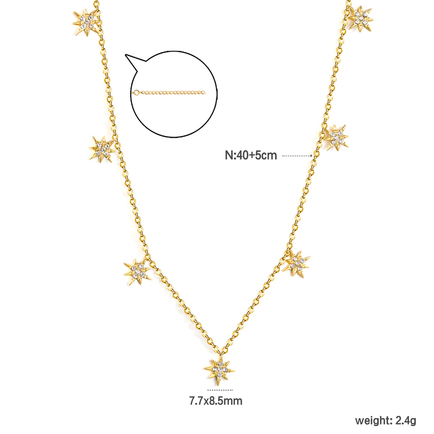 Stainless Steel Gold Eight-Pointed Star Jewelry - 0.3mm Cross Link Chain, 40+5cm Necklace with 6mm Disk