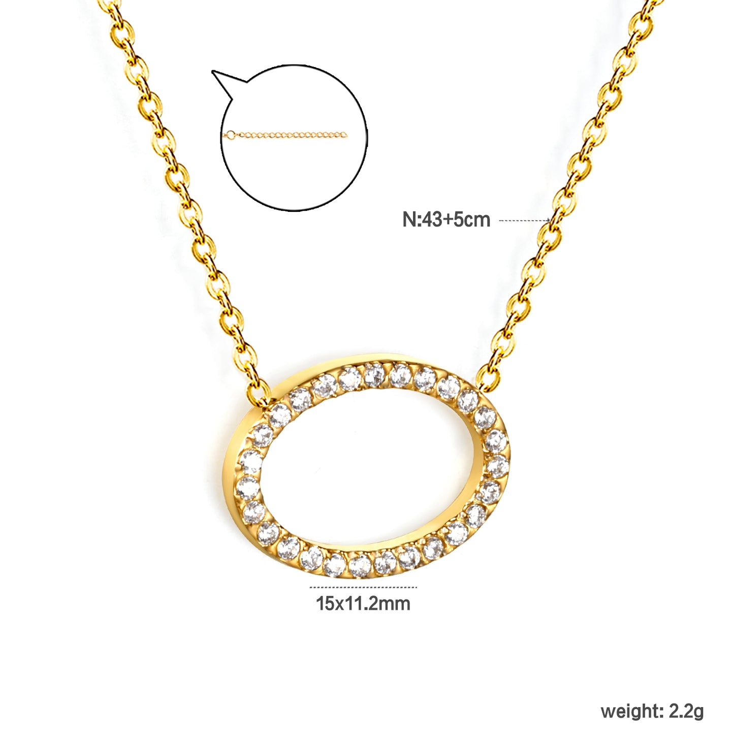 Stainless Steel Gold Elliptical Pendant Necklaces - 15*11.2mm CNC White Zircon, 0.3mm Chain, 43+5cm with 6mm Disk