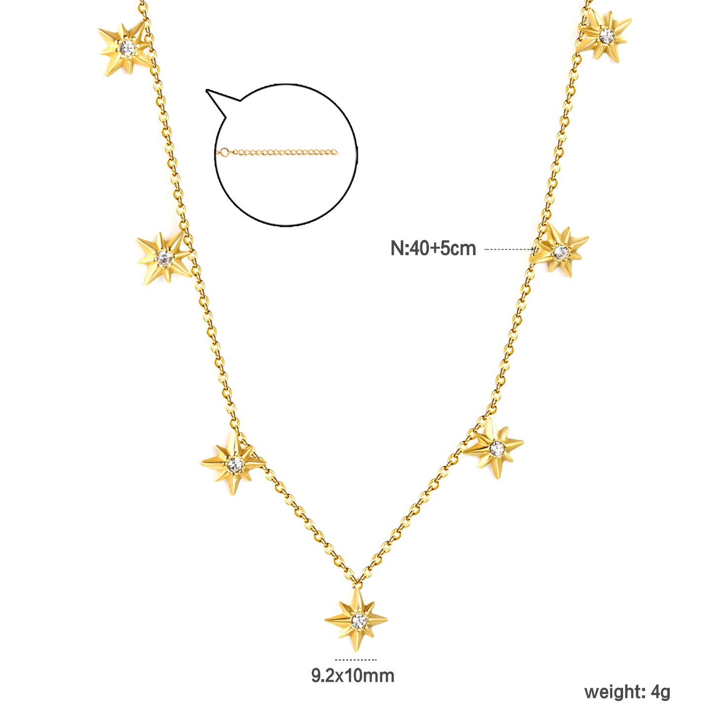 Stainless Steel Gold Eight-Pointed Star Jewelry - 0.3mm Cross Link Chain, 40+5cm Necklace with 6mm Disk
