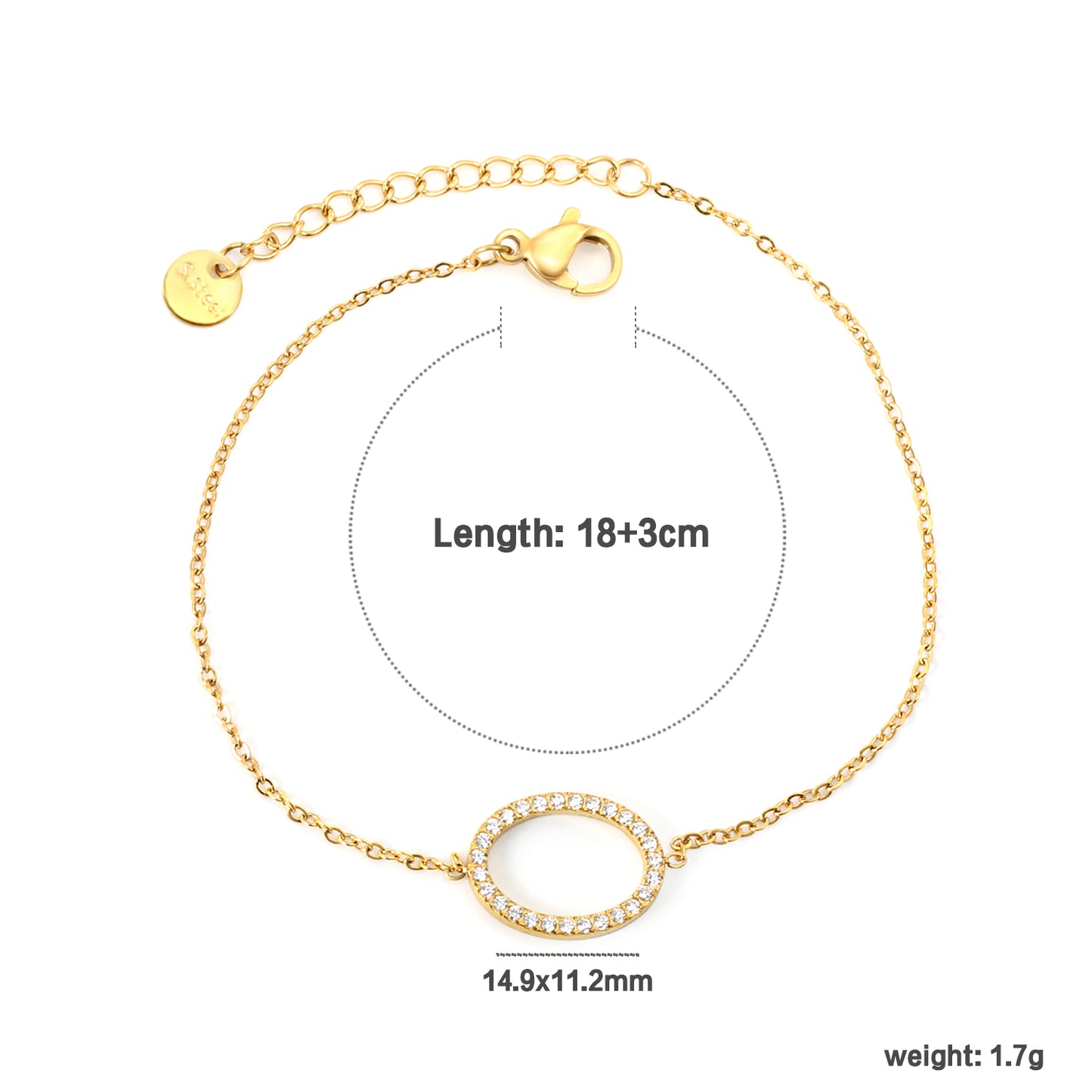 Wholesale Stainless Steel Gold Elliptical Hollow Bracelets - 14.9*11.2mm CNC White Zircon, 0.3mm Cross Chain, 18+3cm with 6mm Medallion