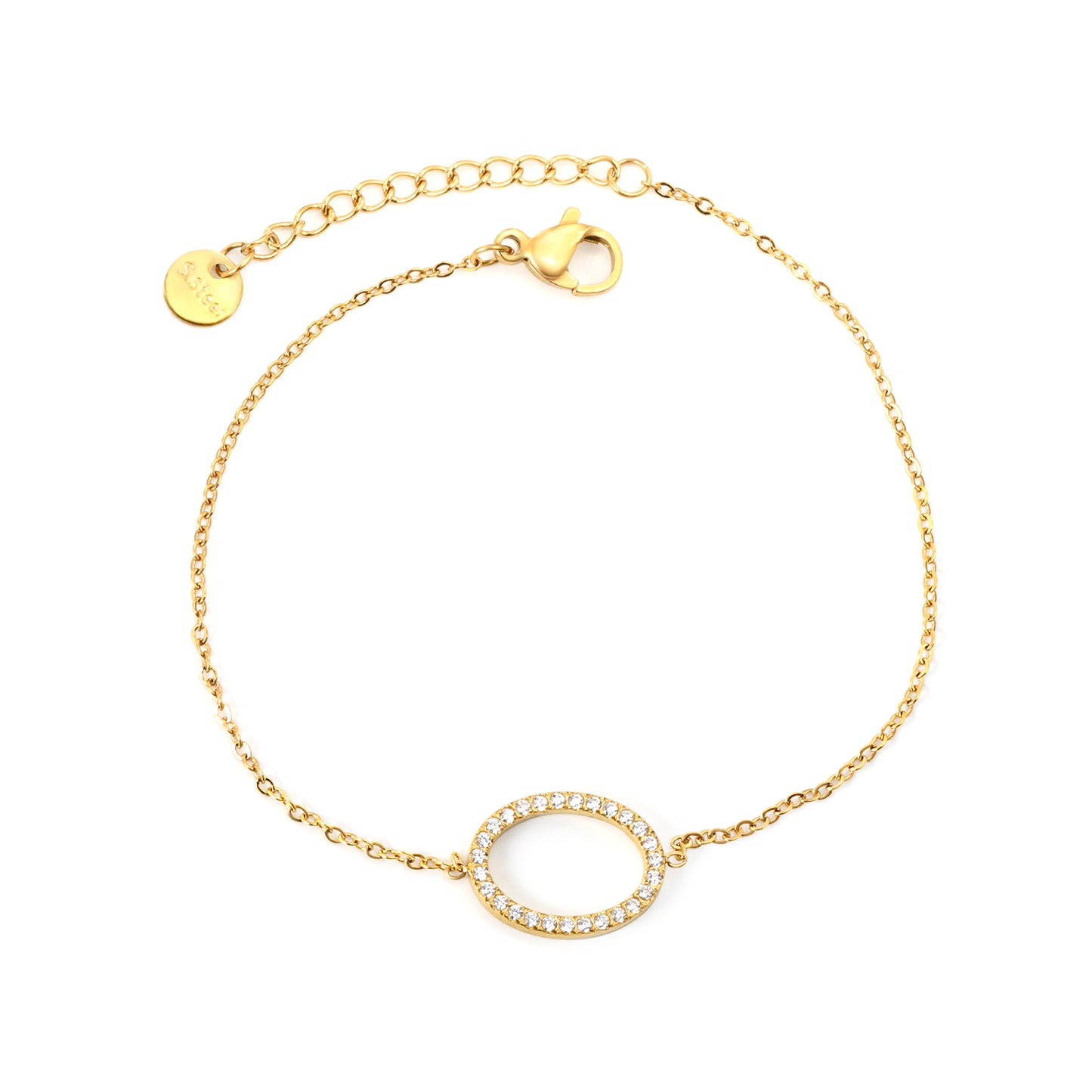 Wholesale Stainless Steel Gold Elliptical Hollow Bracelets - 14.9*11.2mm CNC White Zircon, 0.3mm Cross Chain, 18+3cm with 6mm Medallion