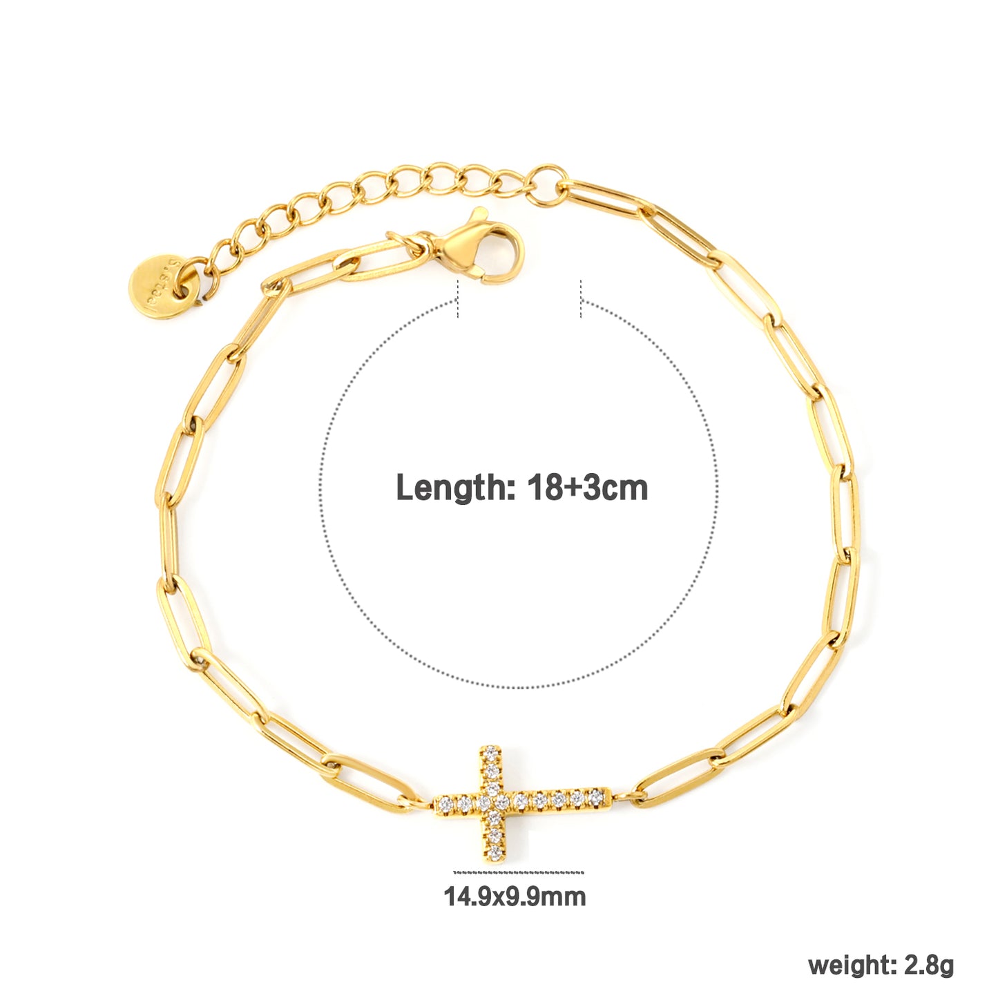 Bulk 14.9mm Cross Pendant Bracelet | Gold-Tone Stainless Steel w/ White Zircon Adjustable Chain (0.8x3mm Flat Link) - Wholesale Faith Jewelry