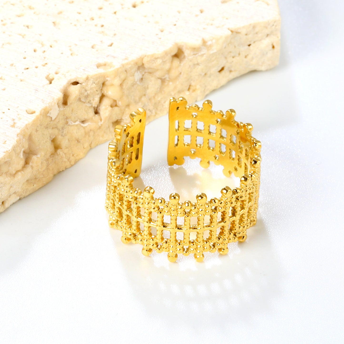 11.8mm Gold Stainless Steel Open Ring - Adjustable (2.8g) - Bulk Wholesale Jewelry (10/50/100pcs) - Hypoallergenic Statement Ring
