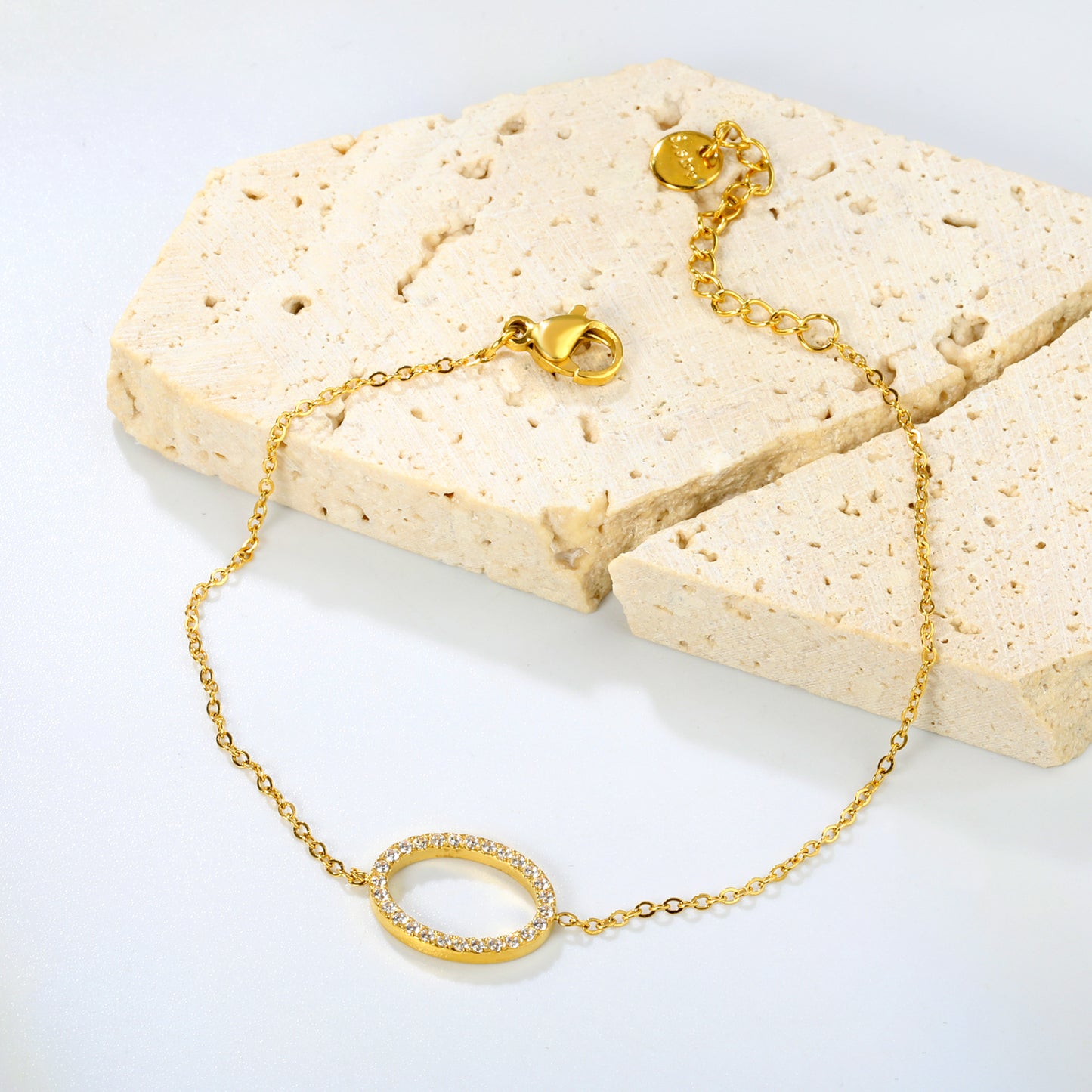 Wholesale Stainless Steel Gold Elliptical Hollow Bracelets - 14.9*11.2mm CNC White Zircon, 0.3mm Cross Chain, 18+3cm with 6mm Medallion