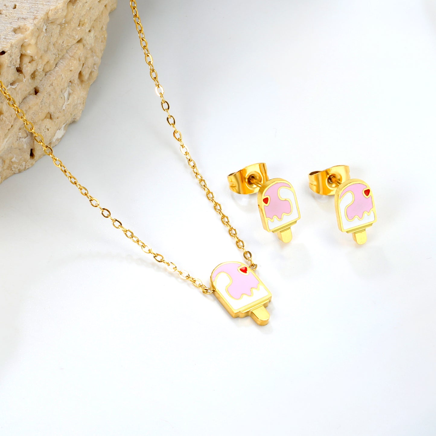 Bulk Summer Ice Cream Set Gold-Tone Stainless Earrings & Pendant (3.2g) | Wholesale Fun Fashion Jewelry