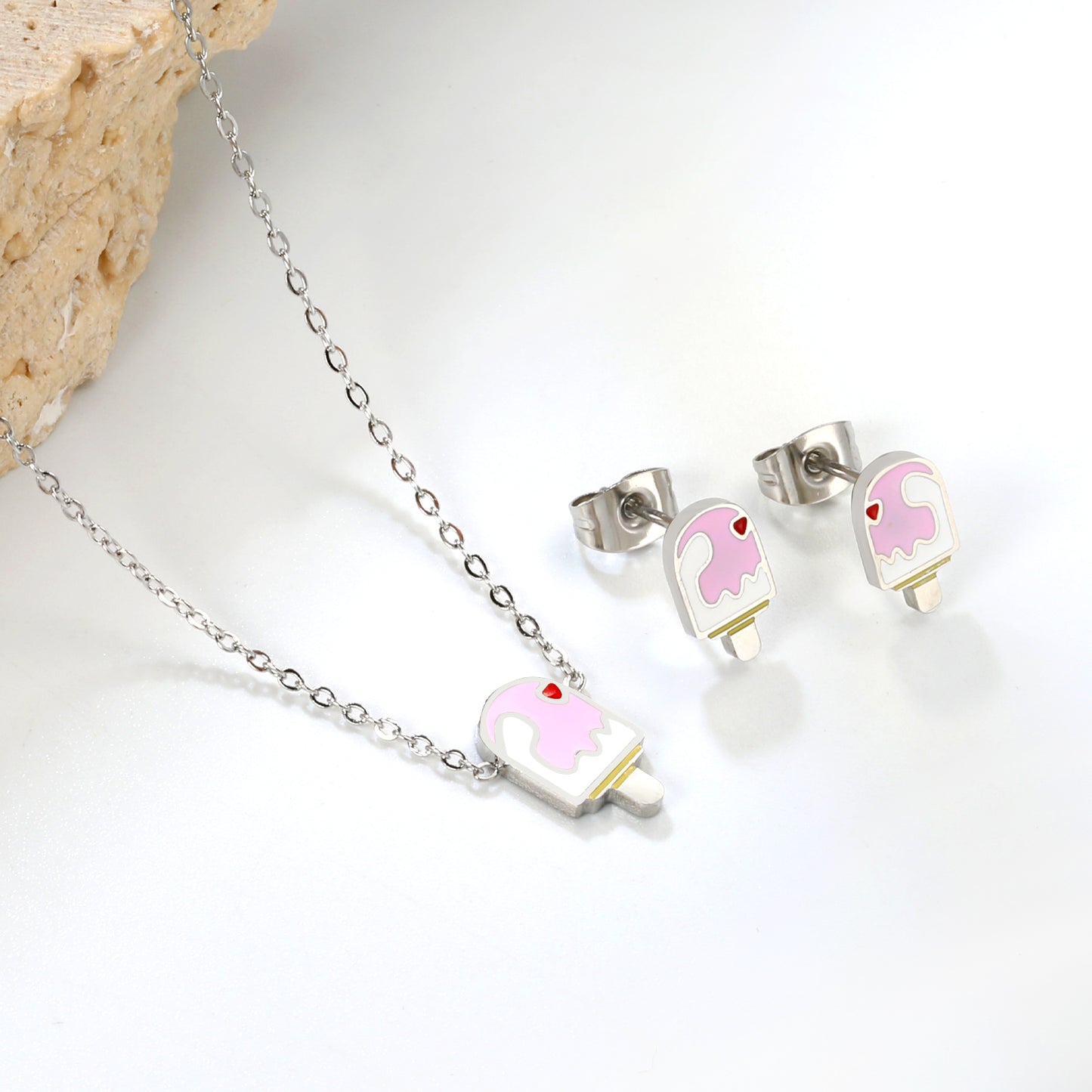 Bulk Summer Ice Cream Set Gold-Tone Stainless Earrings & Pendant (3.2g) | Wholesale Fun Fashion Jewelry
