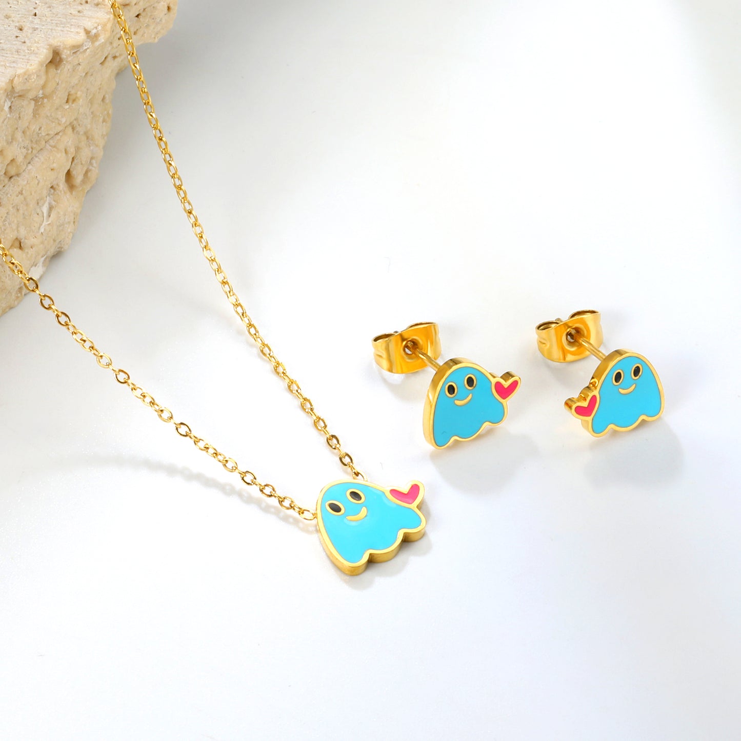 Wholesale Stainless Steel Dripping Oil Lovestruck Imp Set - Enamel Charm Earrings & Pendant Necklace w/ Cross Chain (Bulk Gothic Jewelry)