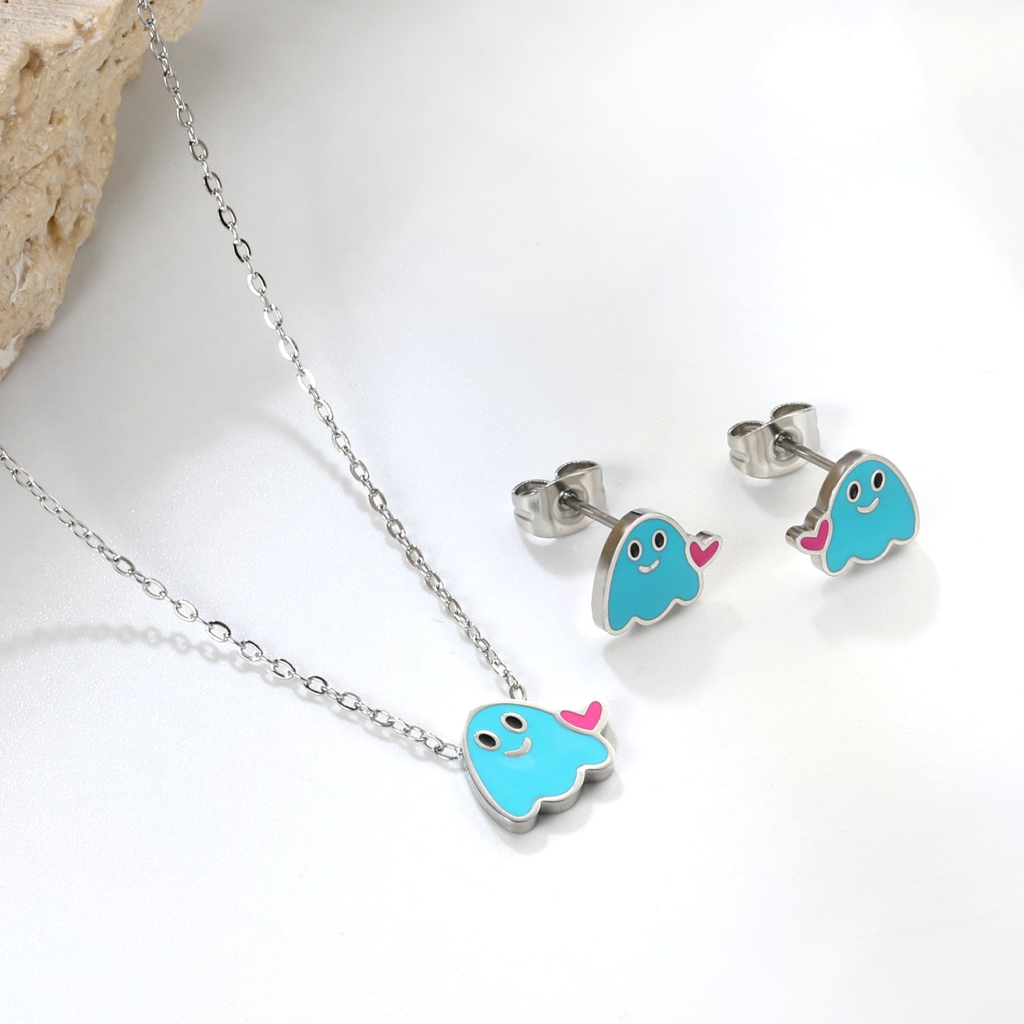 Wholesale Stainless Steel Dripping Oil Lovestruck Imp Set - Enamel Charm Earrings & Pendant Necklace w/ Cross Chain (Bulk Gothic Jewelry)