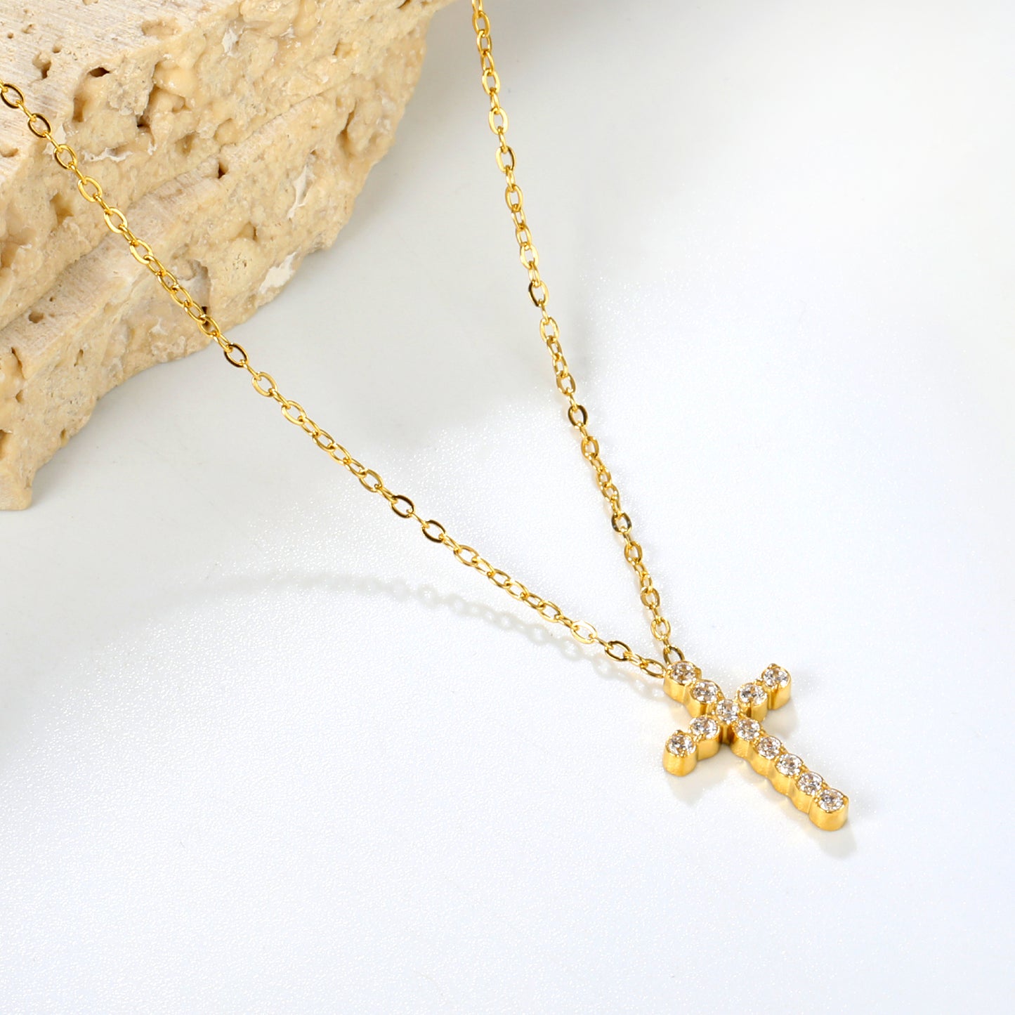 Stainless Steel Gold Cross Pendant Necklaces - 10*16.8mm CNC White Zircon, 0.3mm Chain, 40+5cm with 6mm Disk