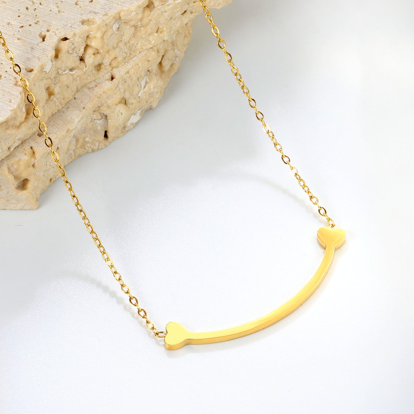 Stainless Steel Gold Arc Bone Jewelry - 9.2*36.7mm Pendant, 0.3mm Cross Link Chain, 45+5cm Necklace with 6mm Disk