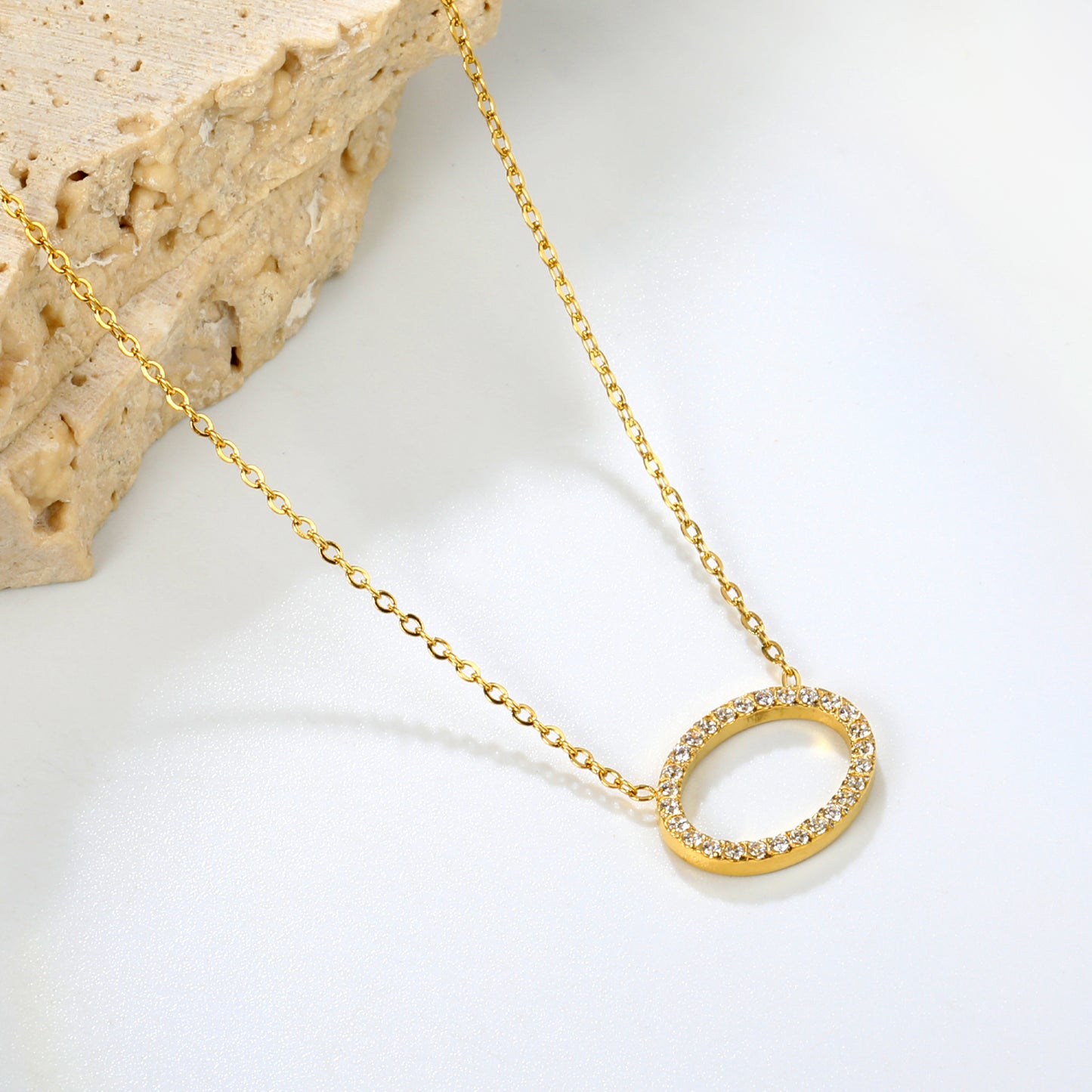 Stainless Steel Gold Elliptical Pendant Necklaces - 15*11.2mm CNC White Zircon, 0.3mm Chain, 43+5cm with 6mm Disk