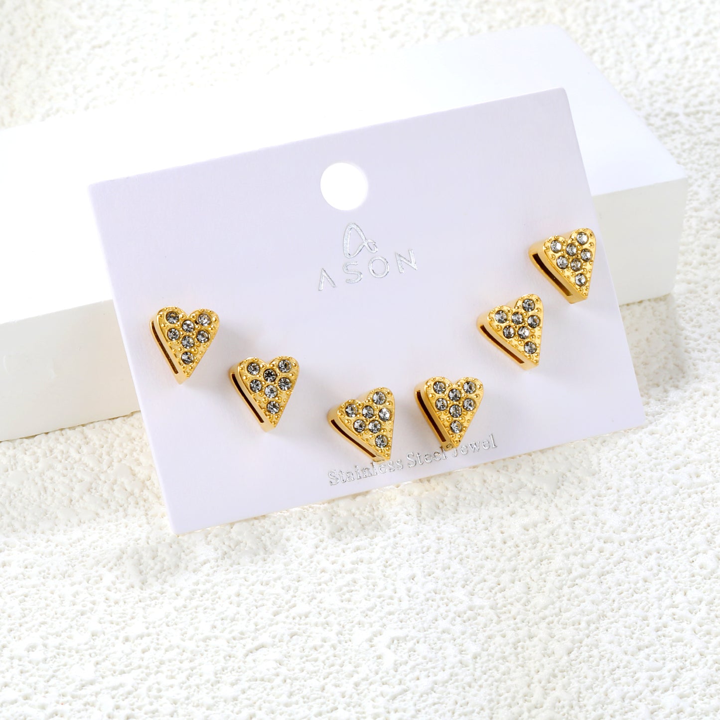 ✨ 3-Pair Heart Stud Earrings Wholesale 8x9mm Gold & White CZ | 2.2g Lightweight | Nickel-Free Bulk Earrings