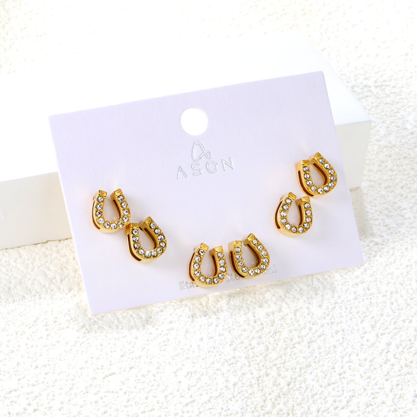 ✨ 3-Pack U-Shaped Stud Earrings Wholesale 8x9.1mm Gold & White CZ | Lightweight 1.6g | Nickel-Free Earrings
