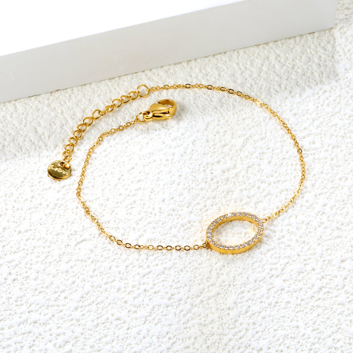 Wholesale Stainless Steel Gold Elliptical Hollow Bracelets - 14.9*11.2mm CNC White Zircon, 0.3mm Cross Chain, 18+3cm with 6mm Medallion