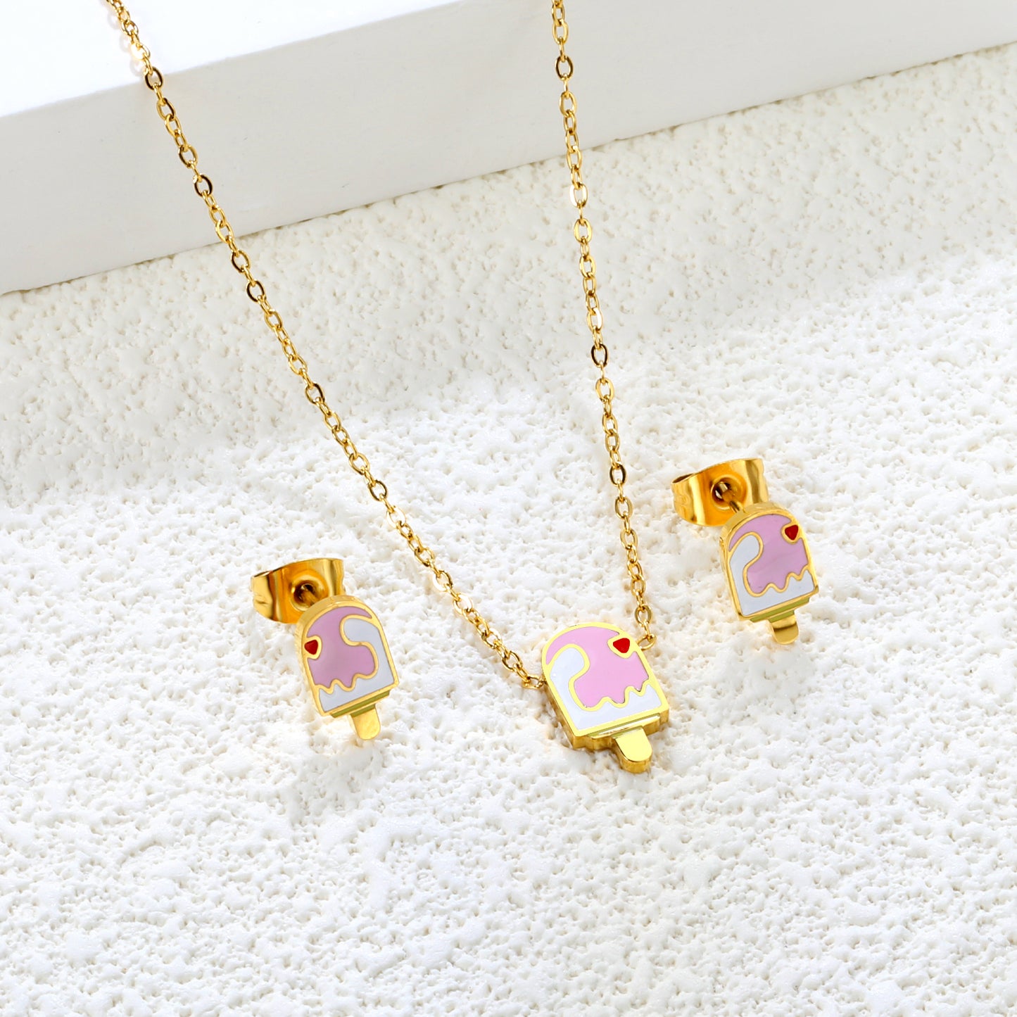 Bulk Summer Ice Cream Set Gold-Tone Stainless Earrings & Pendant (3.2g) | Wholesale Fun Fashion Jewelry