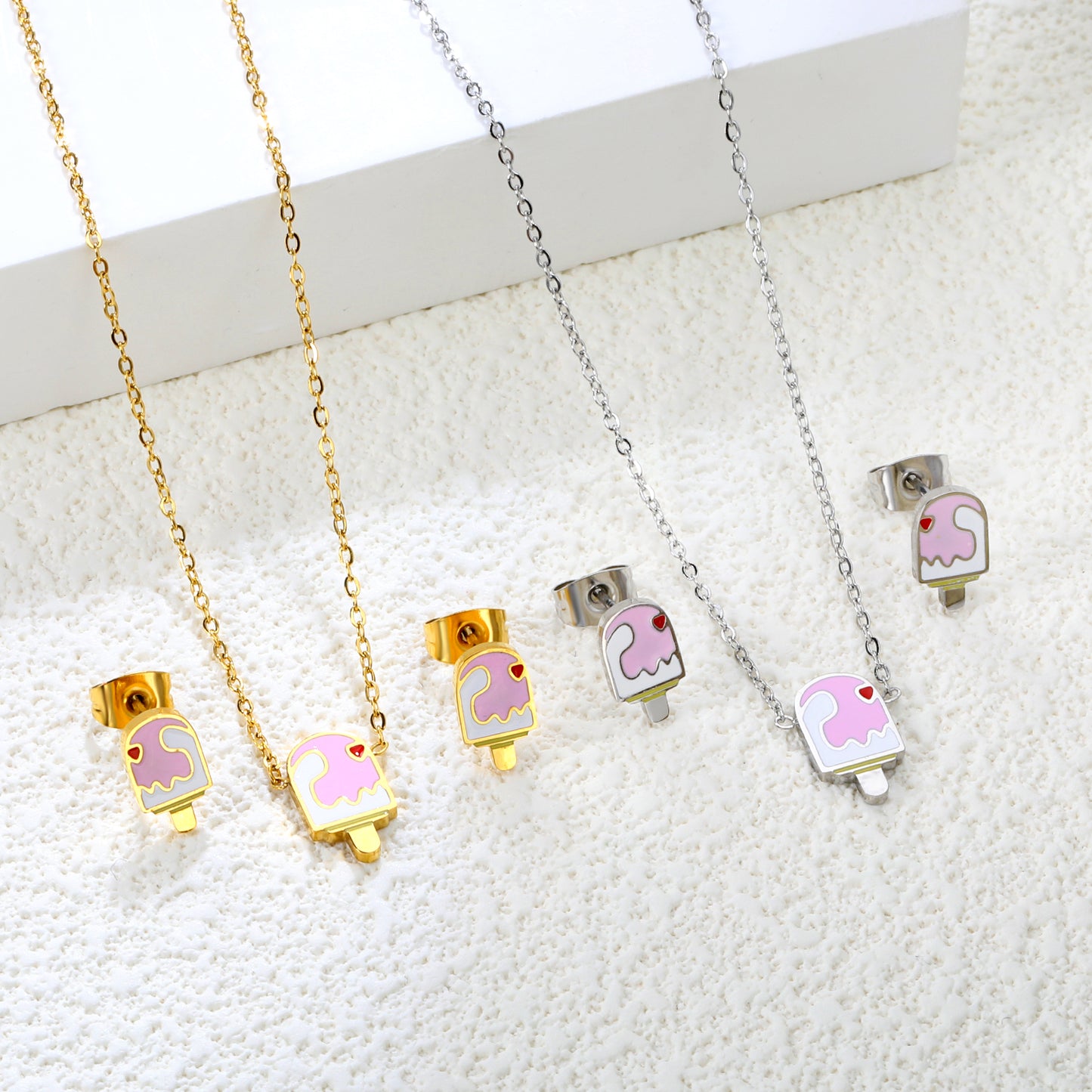 Bulk Summer Ice Cream Set Gold-Tone Stainless Earrings & Pendant (3.2g) | Wholesale Fun Fashion Jewelry