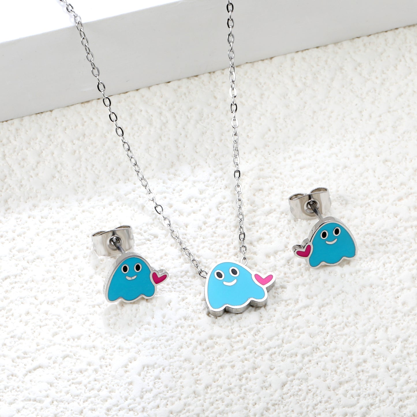 Wholesale Stainless Steel Dripping Oil Lovestruck Imp Set - Enamel Charm Earrings & Pendant Necklace w/ Cross Chain (Bulk Gothic Jewelry)