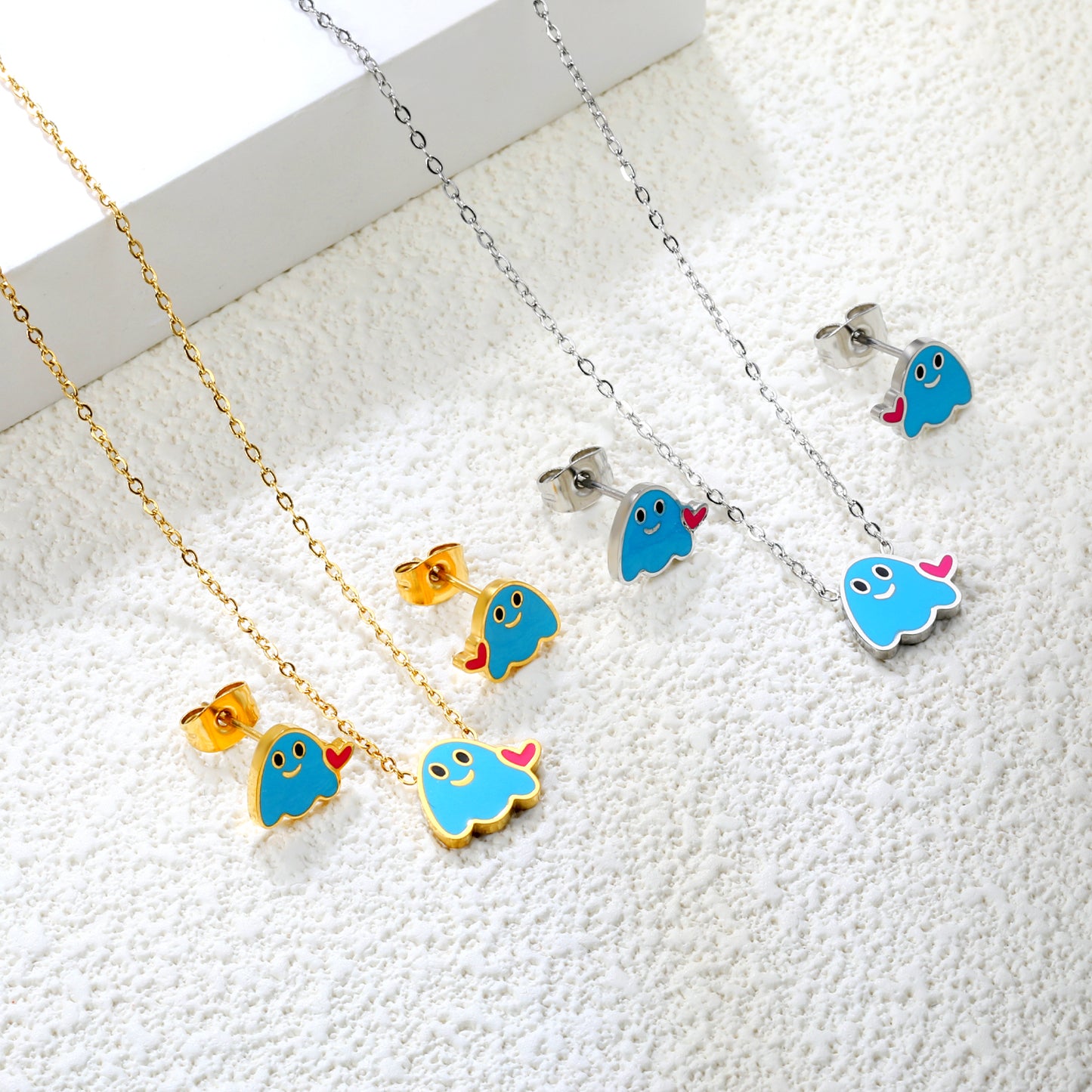 Wholesale Stainless Steel Dripping Oil Lovestruck Imp Set - Enamel Charm Earrings & Pendant Necklace w/ Cross Chain (Bulk Gothic Jewelry)